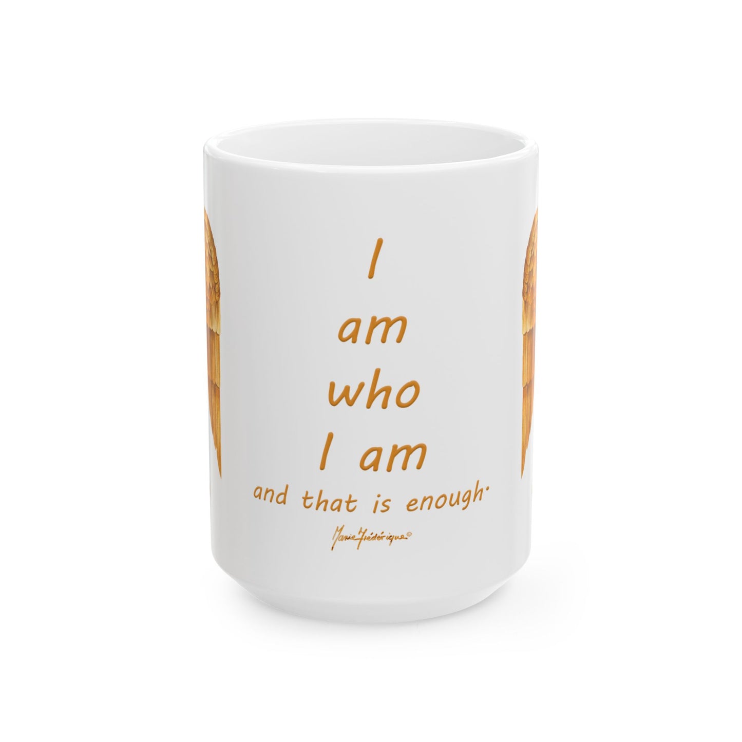 Angel Wings, "I am who I am and that is enough" Ceramic Mug in golden yellow by Artist Marie Frederique