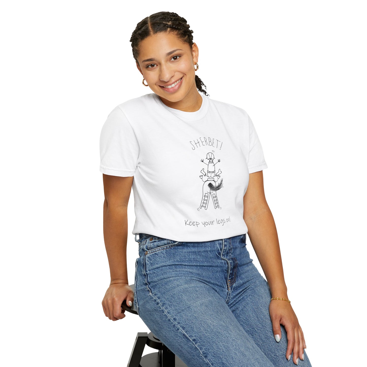 Equestrian KEEP YOUR LEGS ON! T-shirt - Jumping Caricature Design by artist Marie Frederique