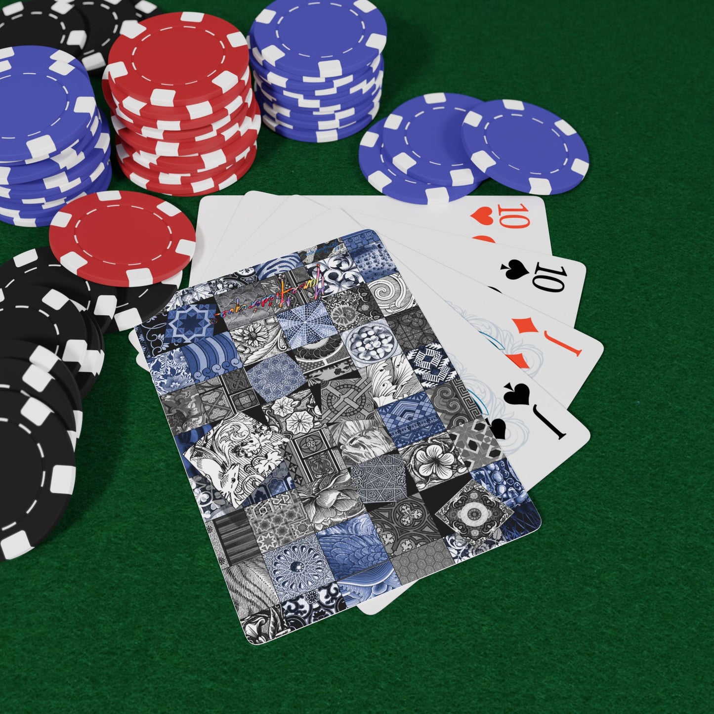 Mosaic Blue Squares, Stylish Poker Playing Cards Set - Decorative Black/white & Blue Design by artist Marie Frederique