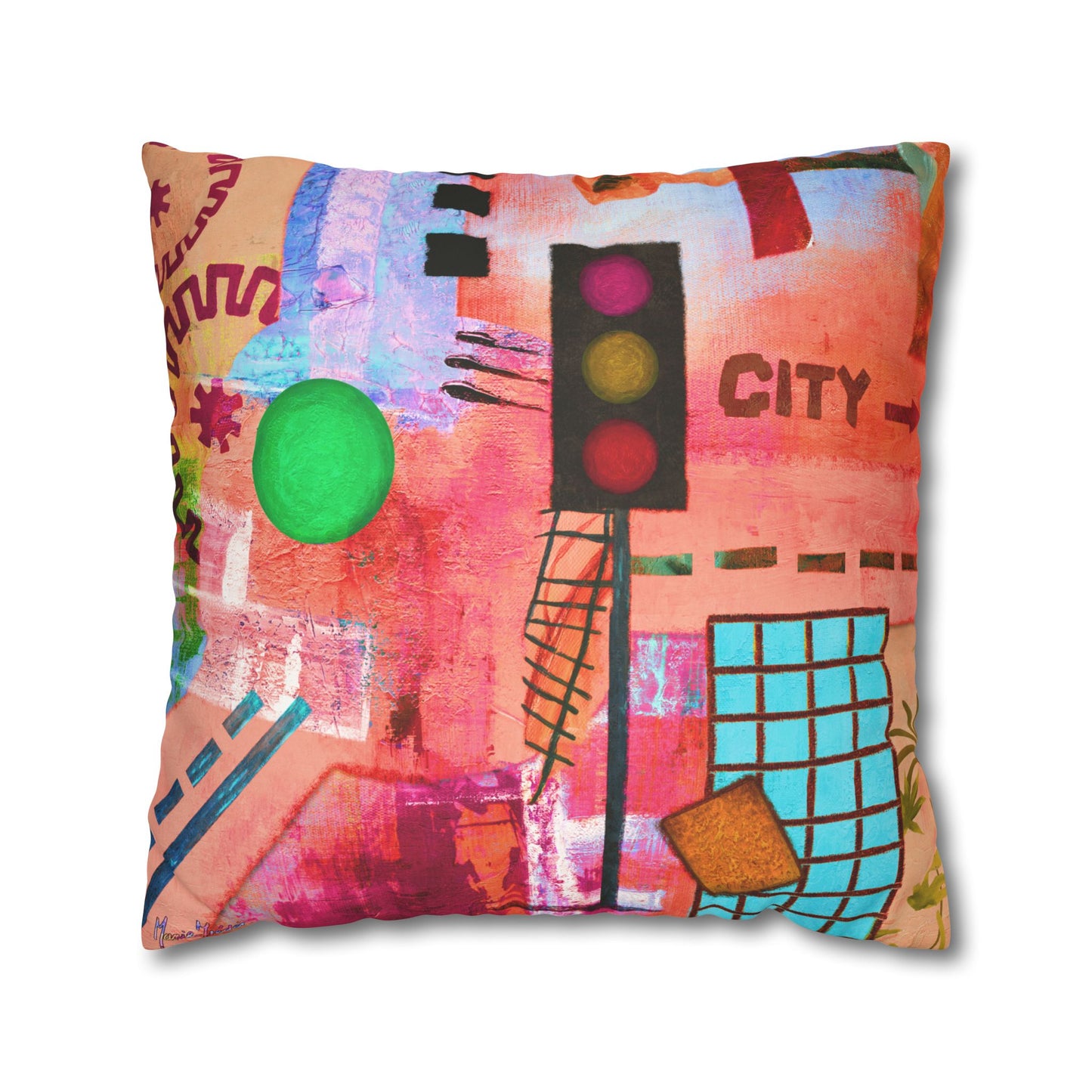 Urban City-Themed Faux Suede Pillowcase by artist Marie Frederique (Pillow not included)