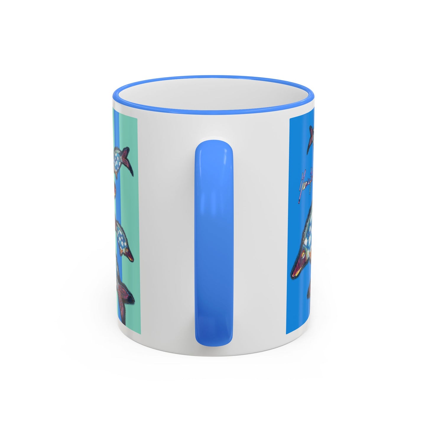 Blue Flying Fish Accent Rim Mug — Nautical Ceramic Coffee Cup (11oz/15oz) by artist Marie Frederique