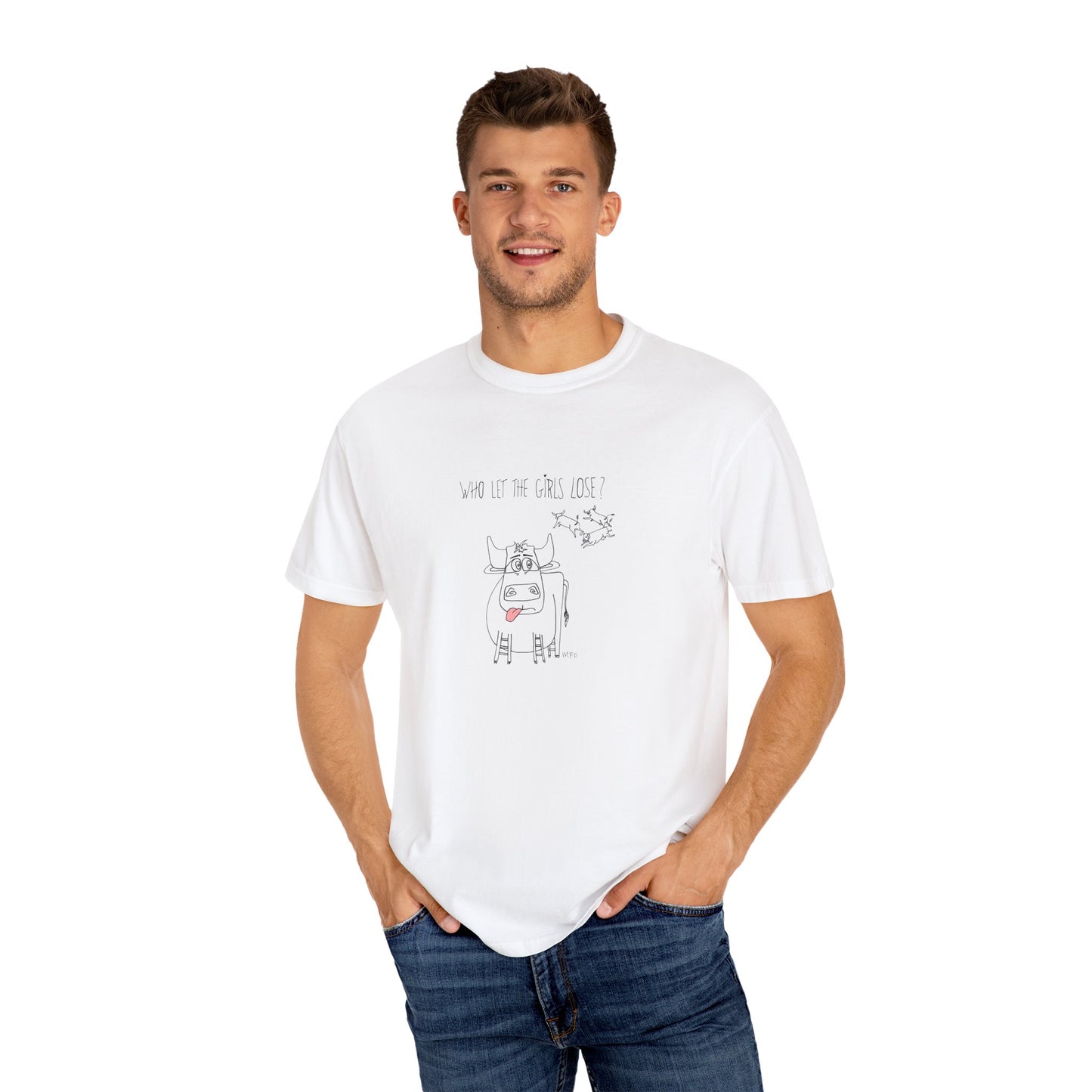Whimsical Bull T-Shirt "Who let the girls out?" by artist Marie Frederique