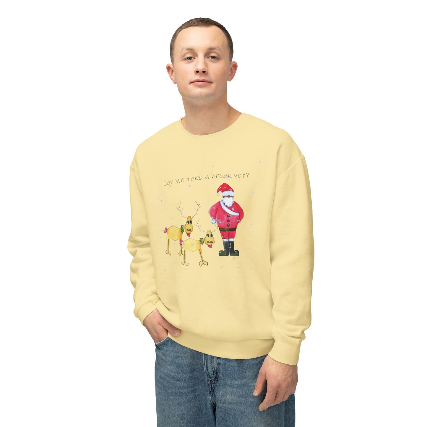 Christmas Santa & Reindeer Sweatshirt - 'Can we take a break yet' by artist Marie Frederique