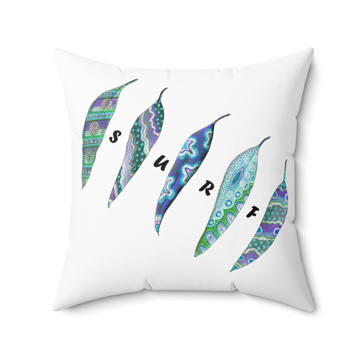 Surf and painted leaves, Blue and White Square Pillow by artist Marie Frederique