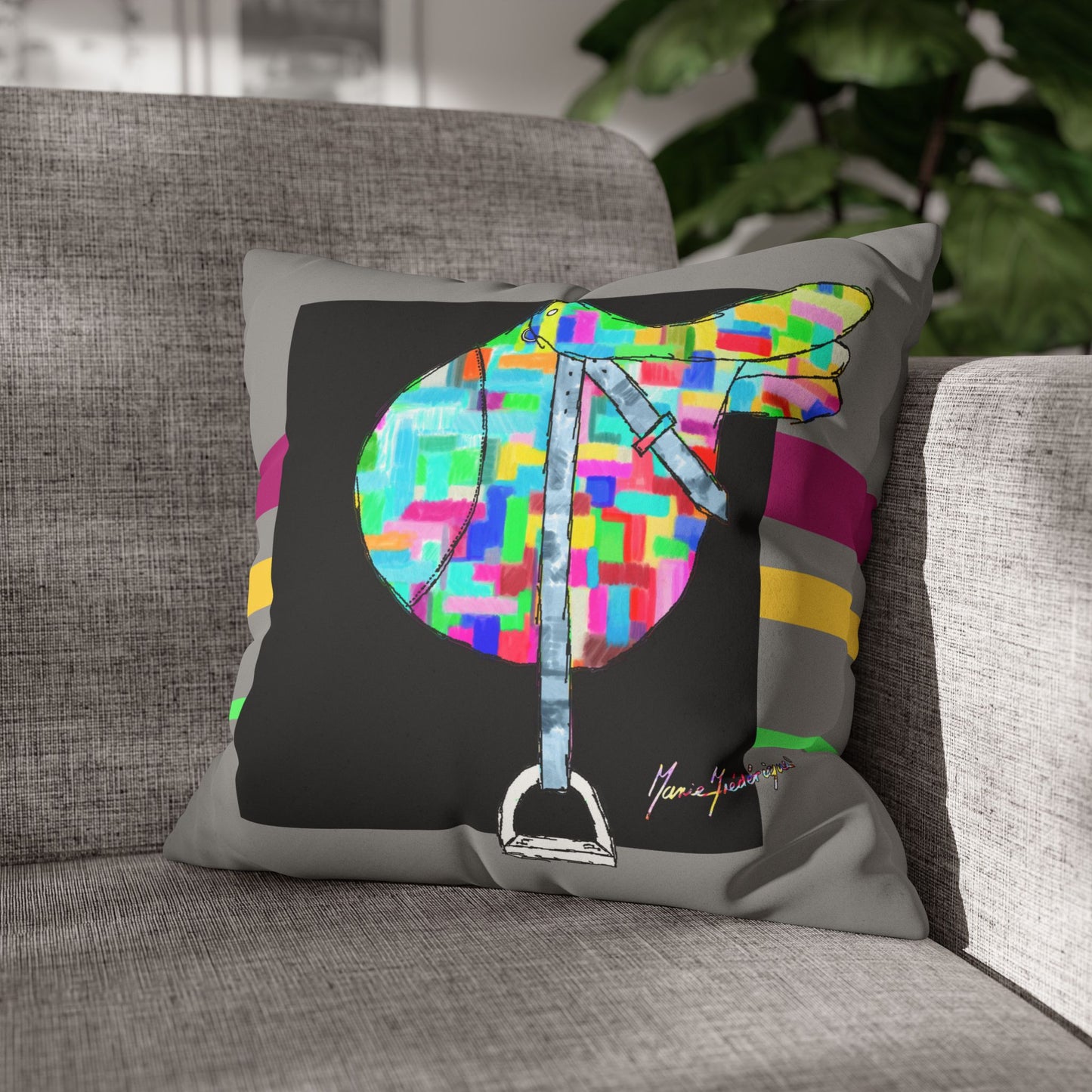 Equestrian Color block Saddle, Faux Suede Pillow cover by artist Marie Frederique
