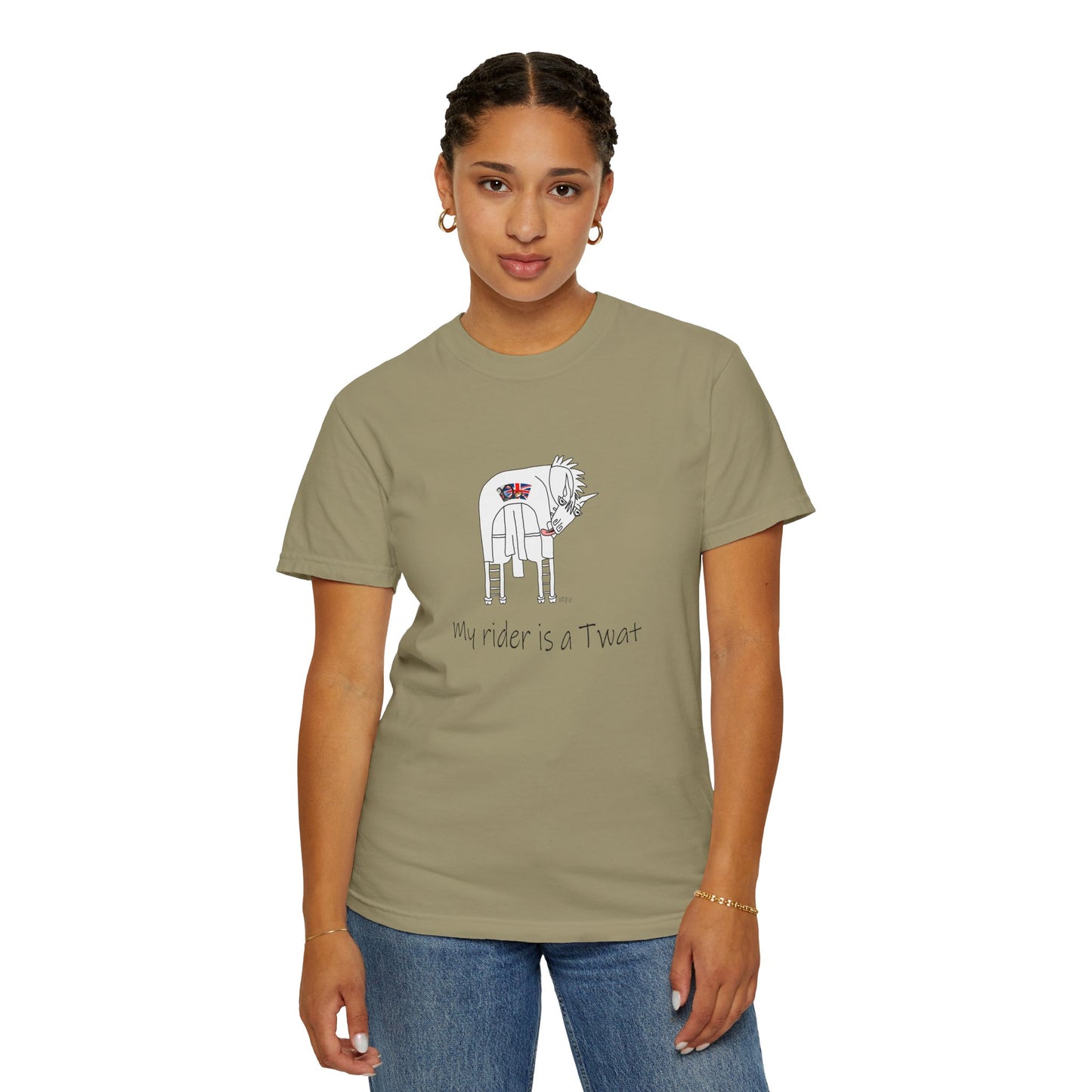 Equestrian British Humor Unisex Garment-Dyed T-Shirt - "My Rider is a Twat" by artist Marie Frederique