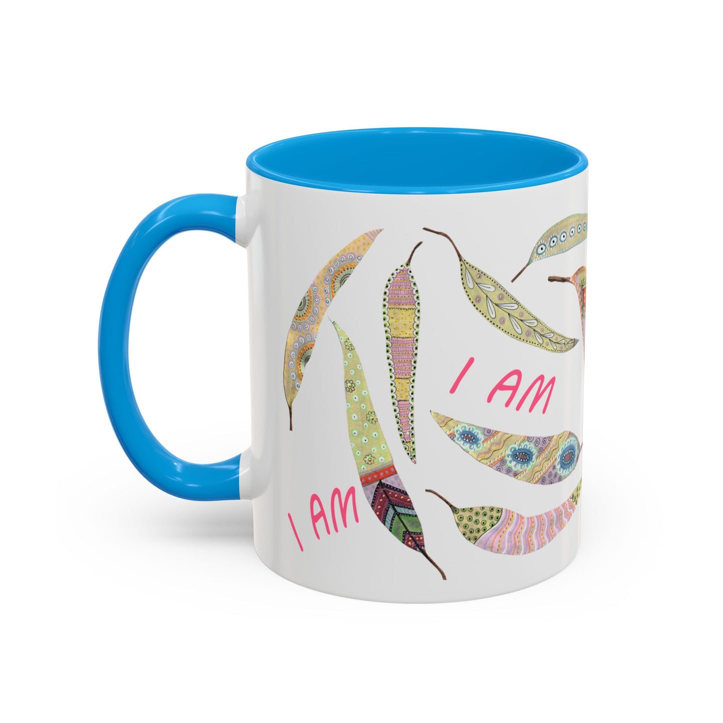 I AM - long pastel painted Eucalyptus leaves mug by Artist Marie Frederique