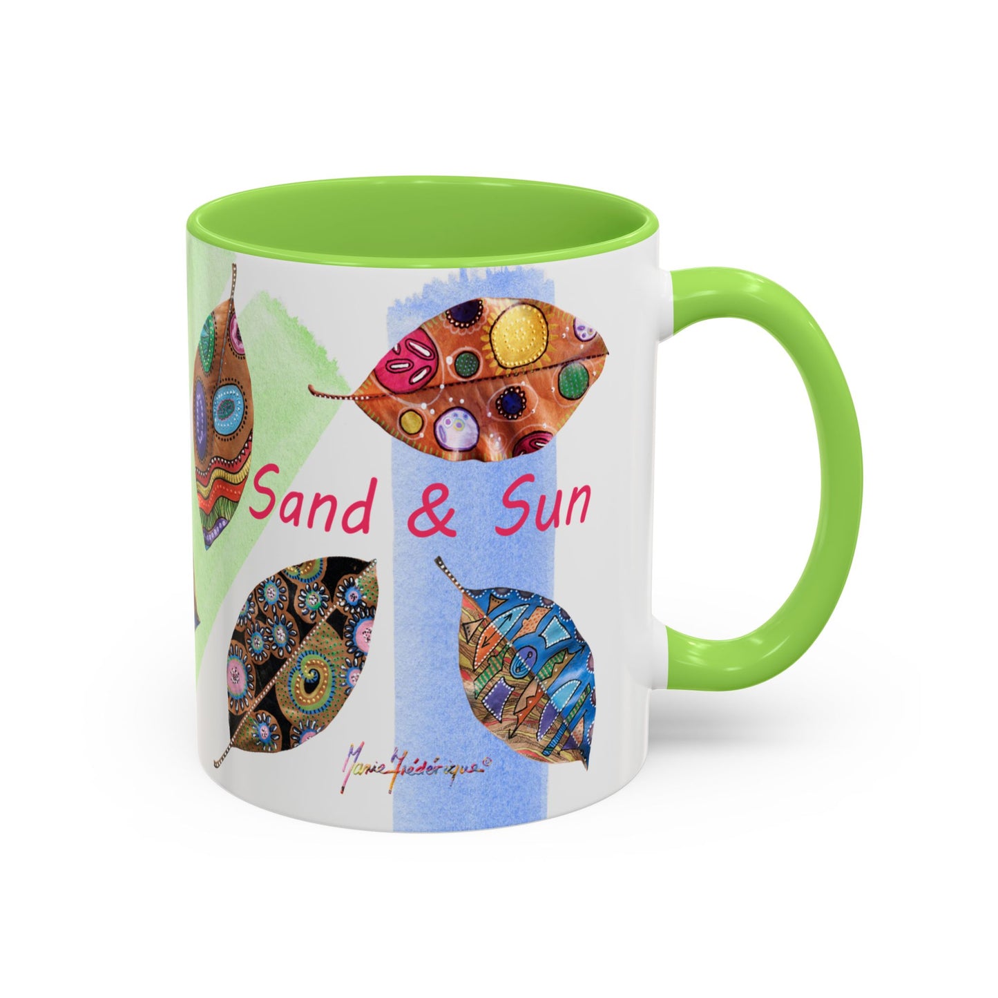 Surf, Sand and Sun multicolored painted leaves - Colorful Mug by Artist Marie Frederique