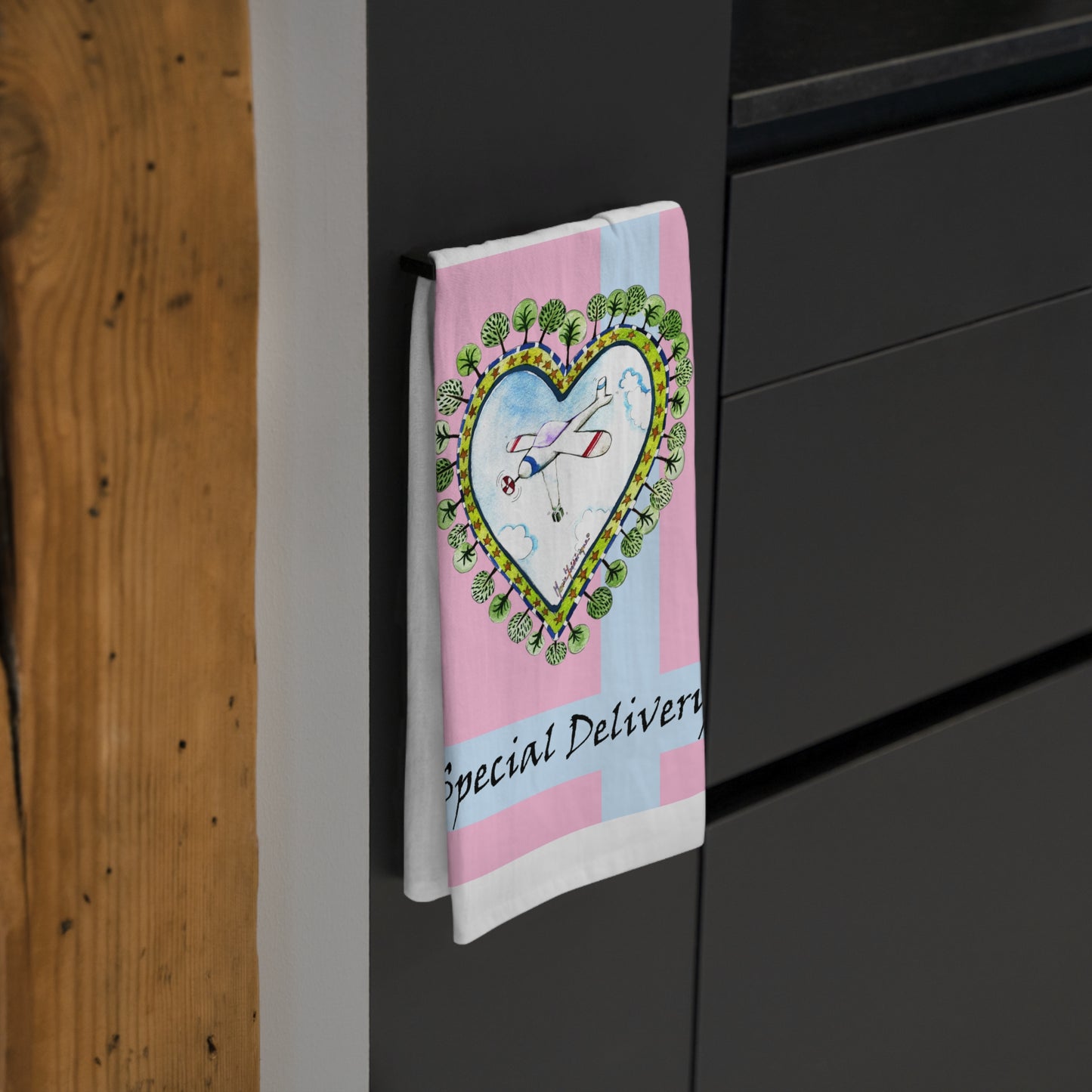 Charming Heart Design Tea Towel - Special Delivery Kitchen Decor by artist Marie Frederique