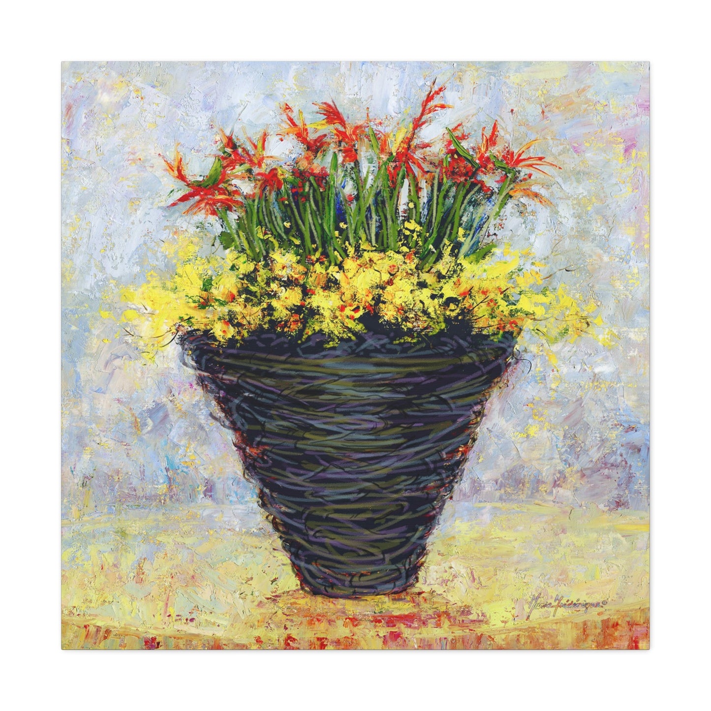 Floral Arrangement, Painterly style with Red and Yellow - Oil Painting Print by artist Marie Frederique