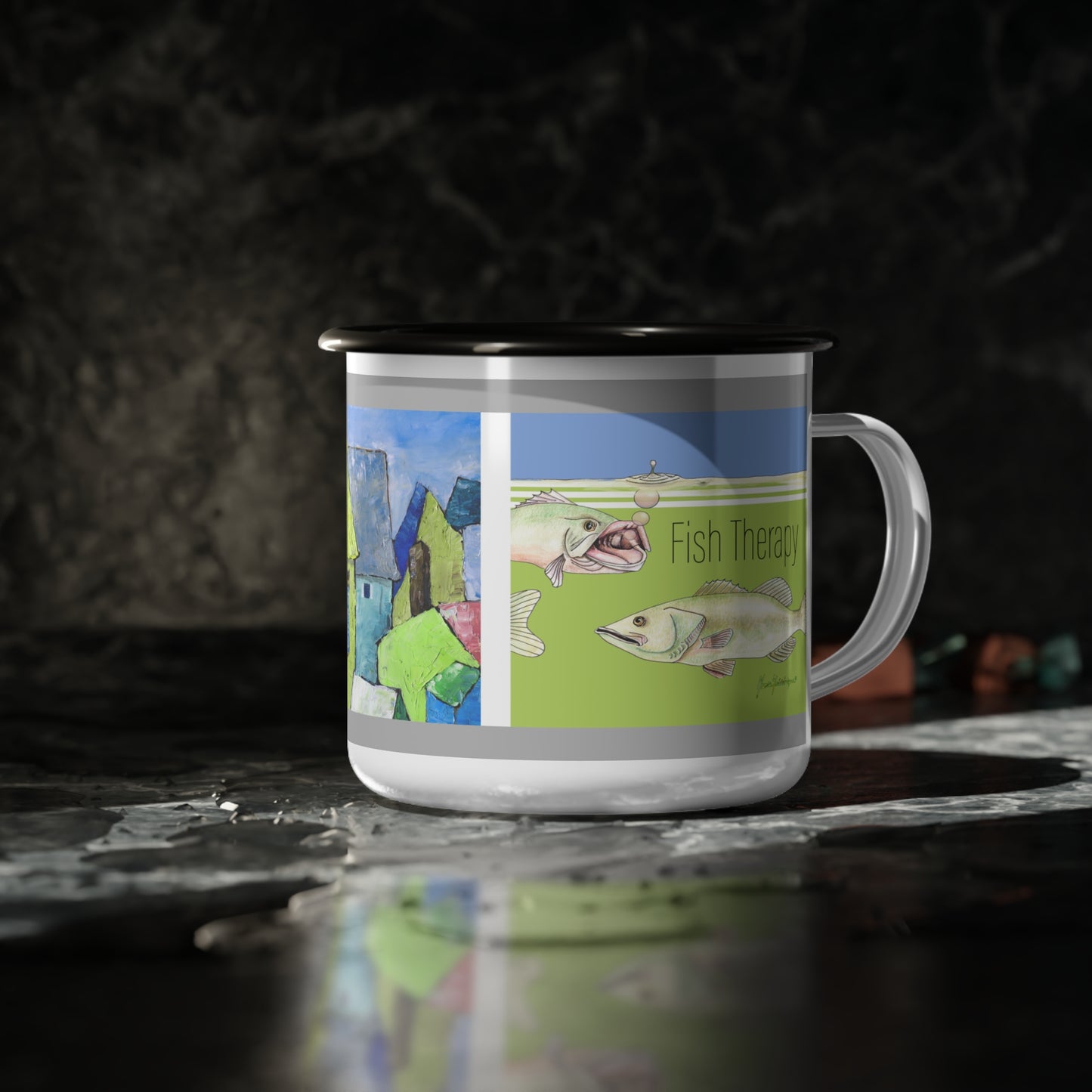 Camp Cup Fishing Therapy Mug - Coffee First Then We'll Talk by artist Marie Frederique