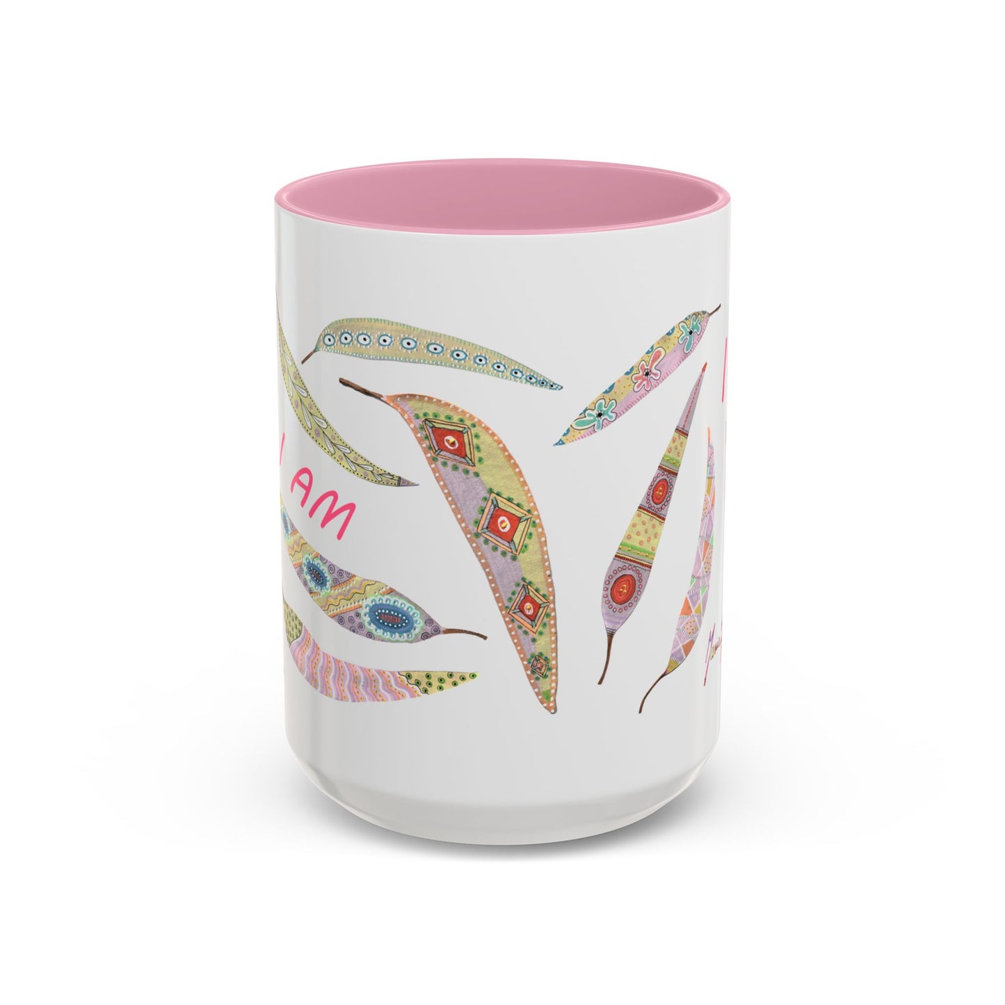 I AM - long pastel painted Eucalyptus leaves mug by Artist Marie Frederique
