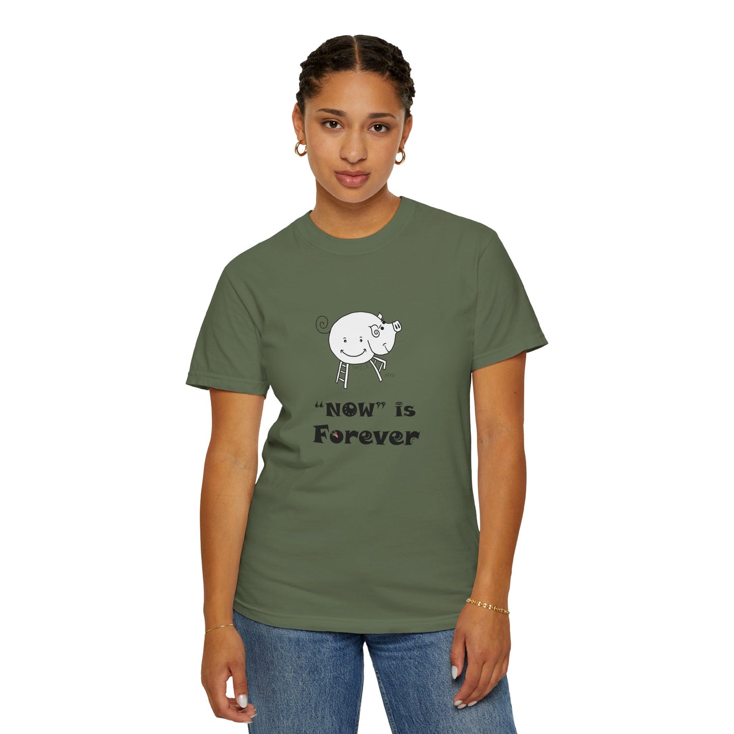 Pig lovers, "NOW" is Forever - Playful Tee for Mindfulness Enthusiasts by artist Marie Frederique