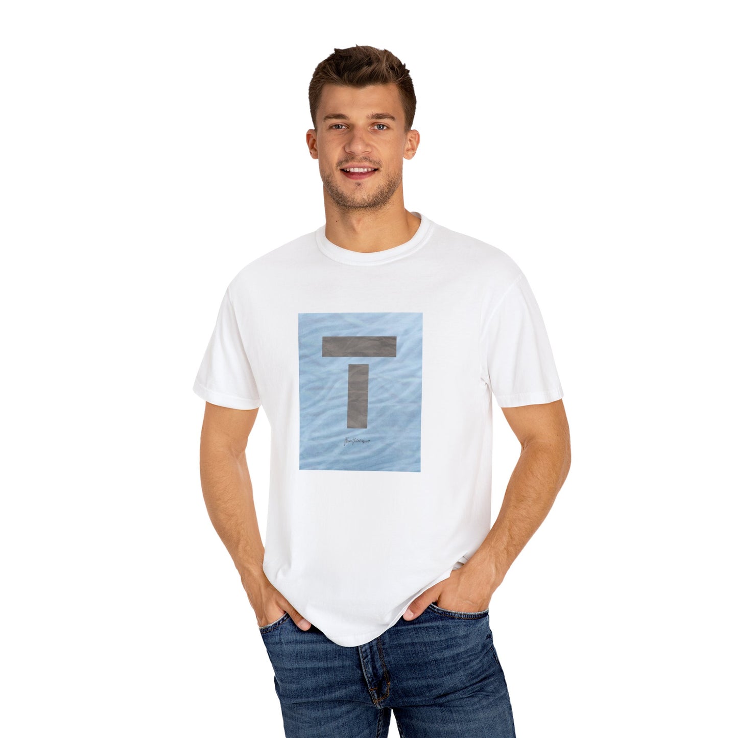 T symbol, Star Energy in a soft grey with light blue water reflections, Unisex Garment-Dyed T-shirt by artist Marie Frederique