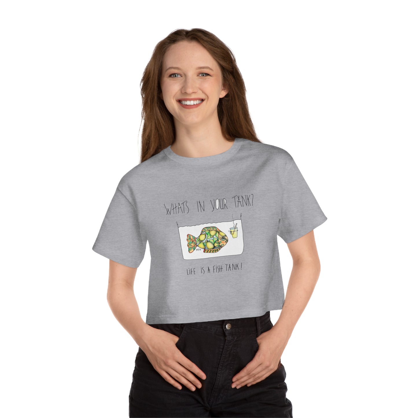 Fish Tank Collection, "What's in your tank? Lemon Fish Cropped T-Shirt by artist Marie Frederique