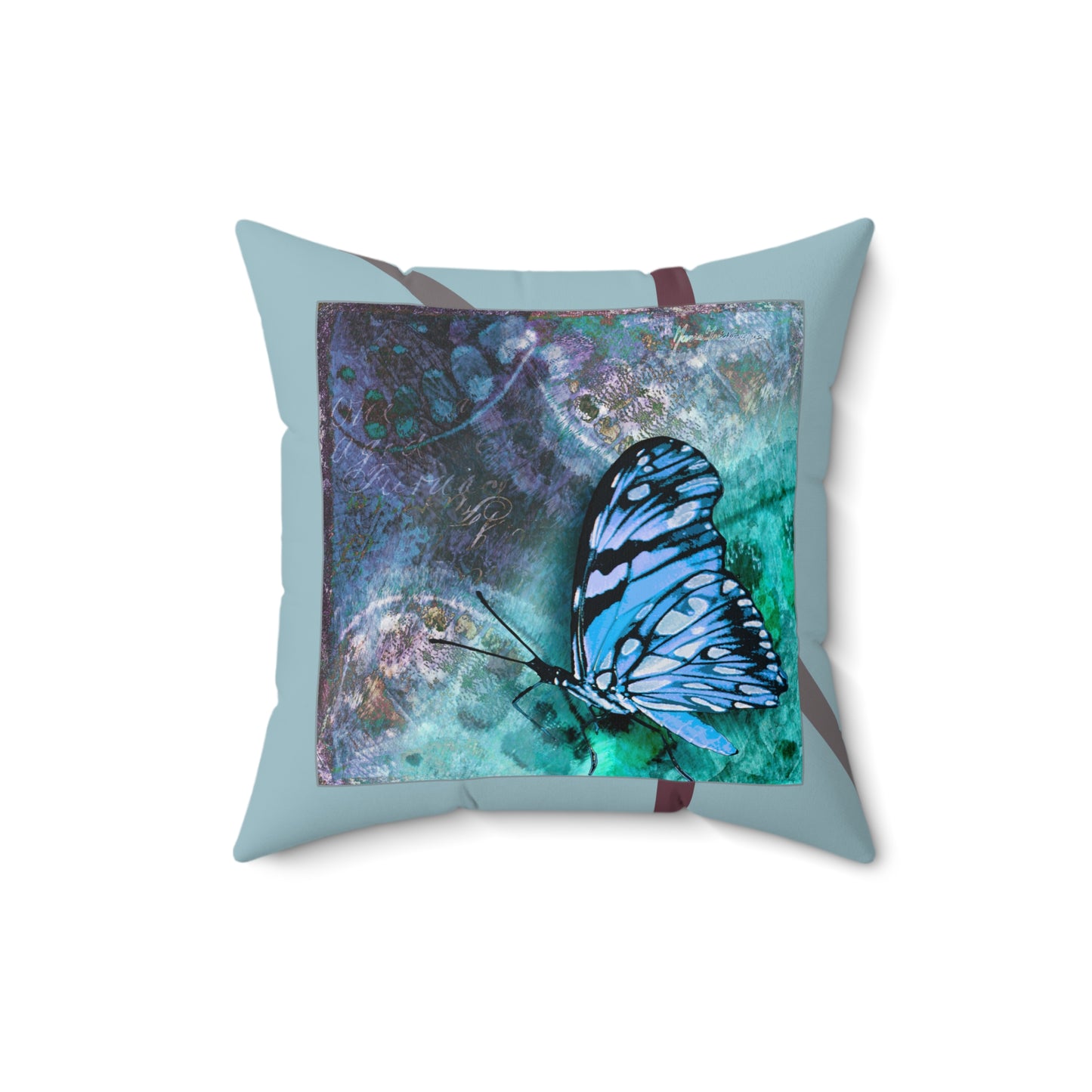 Blue Butterfly Faux Suede Square Pillow by artist Marie Frederique