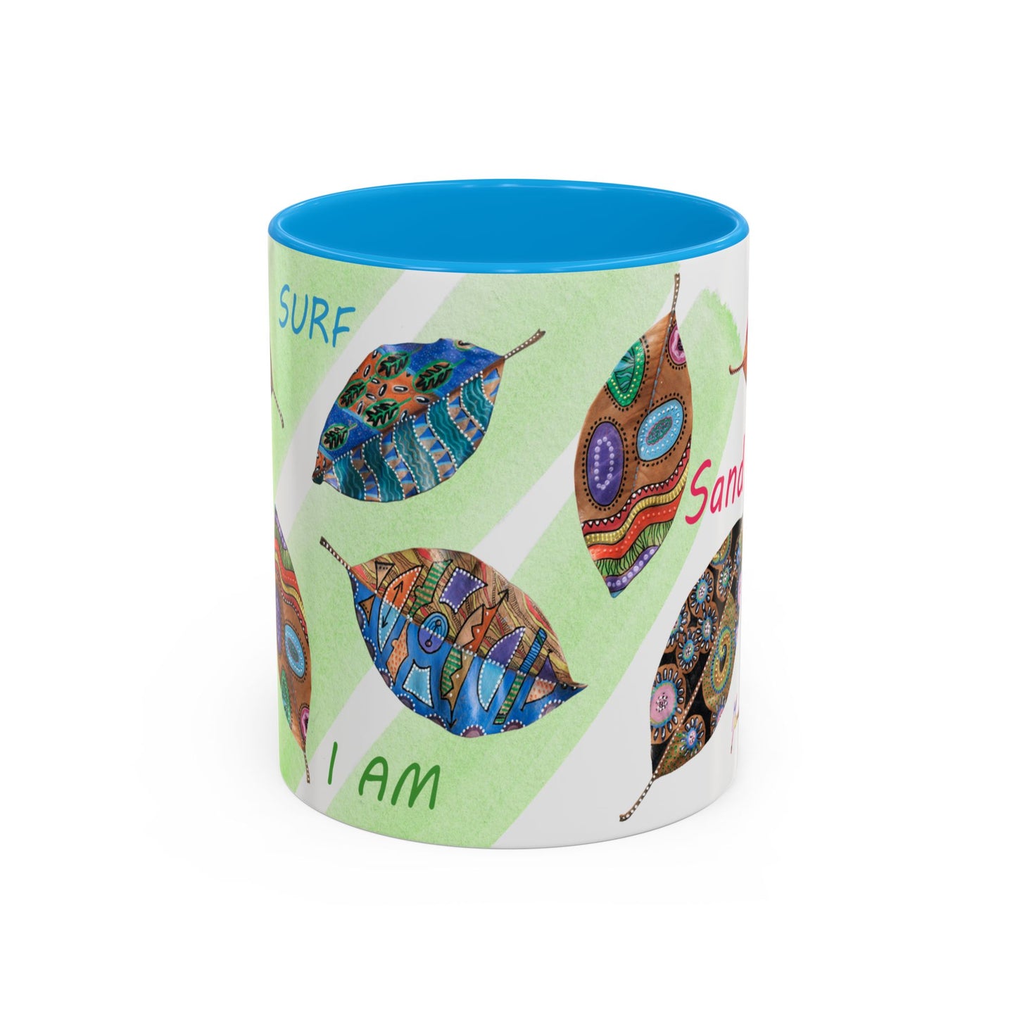 Surf, Sand and Sun multicolored painted leaves - Colorful Mug by Artist Marie Frederique