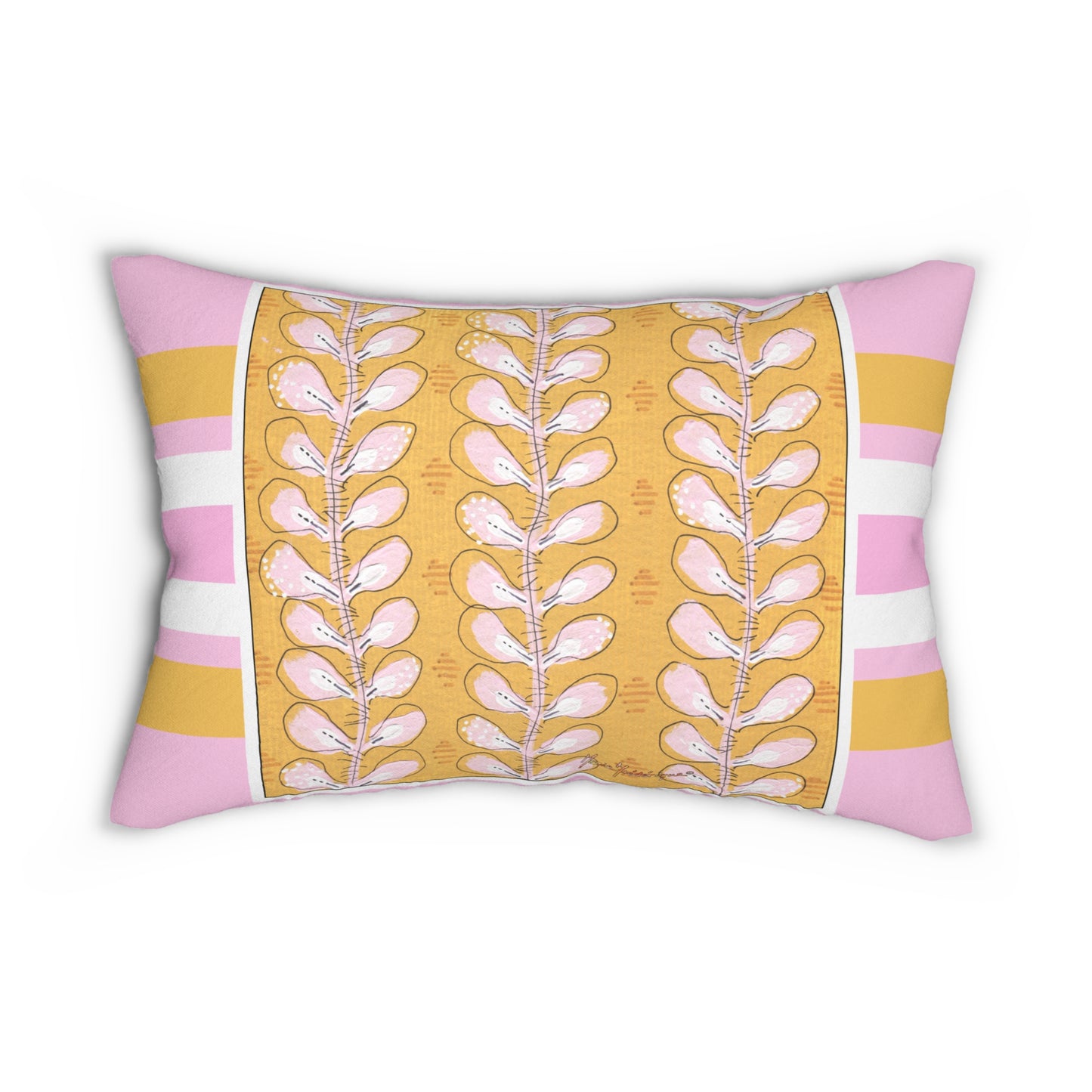 Decorative Gold and Pink Boho lumbar Pillow - Double-Sided Polyester Design by artist Marie Frederique