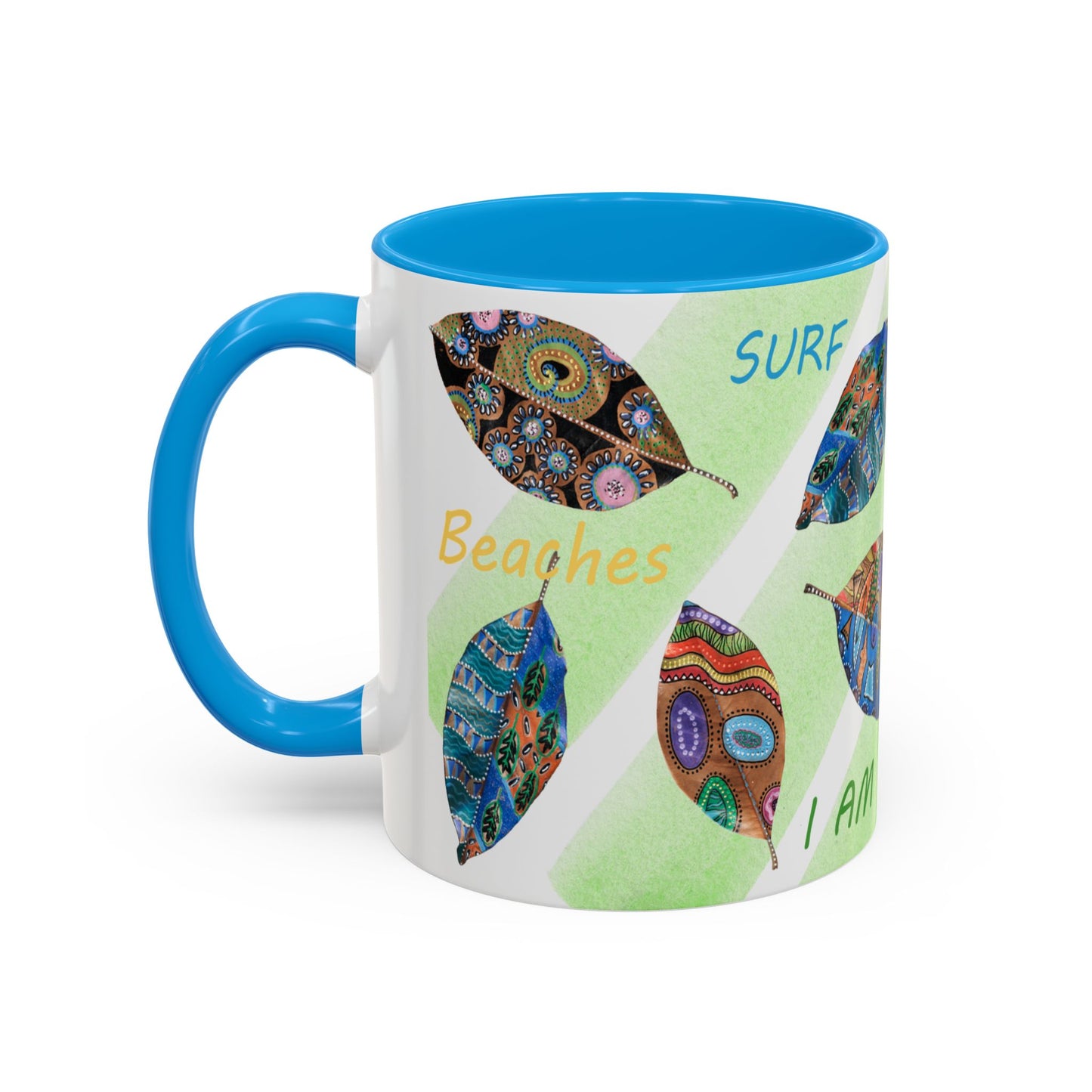 Surf, Sand and Sun multicolored painted leaves - Colorful Mug by Artist Marie Frederique