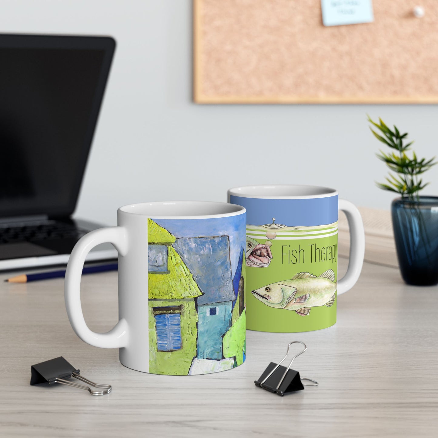 Fishing Therapy Ceramic Mug - Coffee First Then We'll Talk by artist Marie Frederique Gift for Fishing Enthusiasts, Coffee Lover, Outdoor Décor, Father's Day Gift, Unique Cup