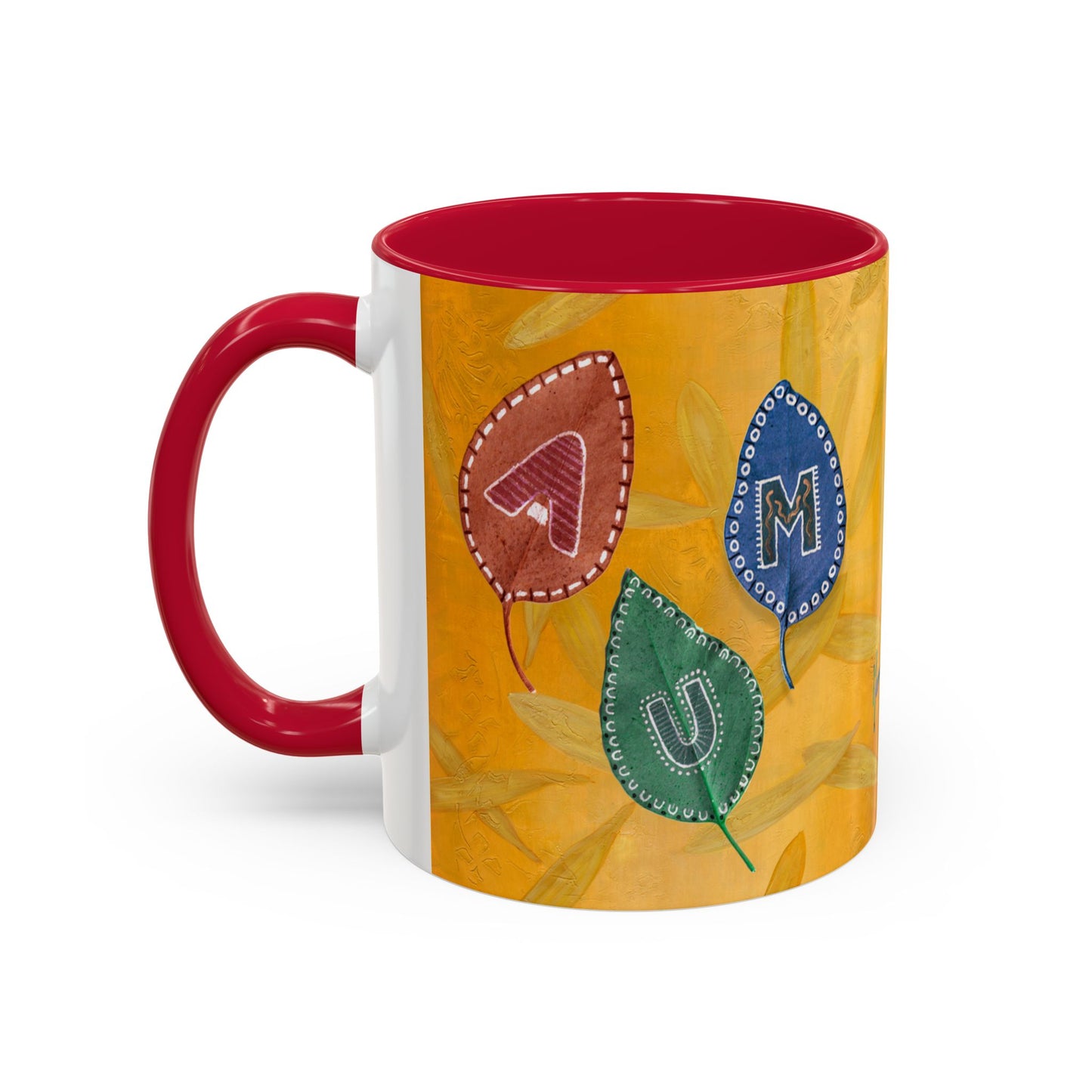 AUM/OM painted leaves spelling AUM & OM Mugs by Artist Marie Frederique
