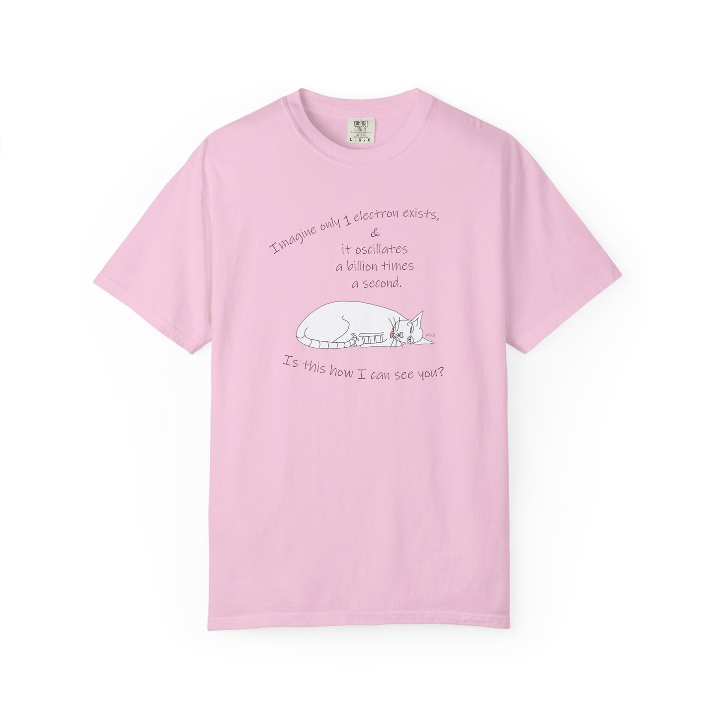 Quantum theoretical physics, Electron? "Imagine only 1 electron exists, play on theorem, Unisex Garment-Dyed T-shirt by artist Marie Frederique