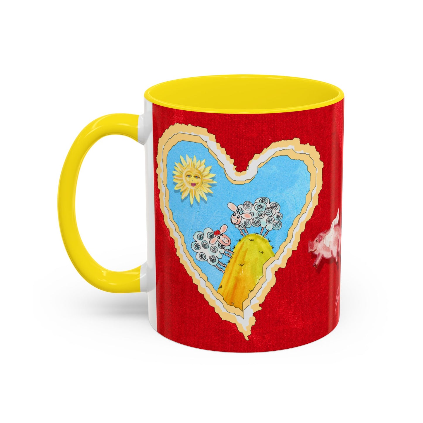 Valentine Sheep, Love is in the air with flying pig - Accent Coffee Mug (11, 15oz) by artist Marie Frederique