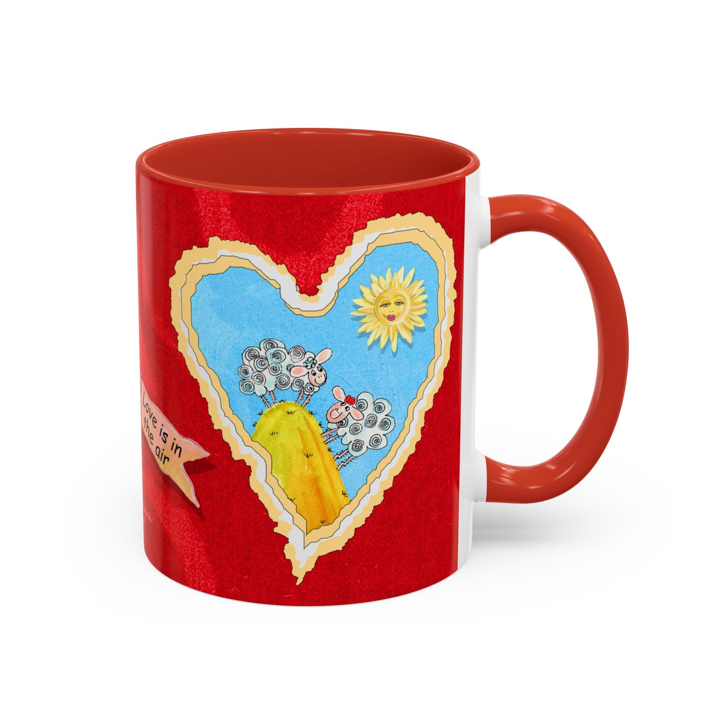Valentine Sheep, Love is in the air with flying pig - Accent Coffee Mug (11, 15oz) by artist Marie Frederique