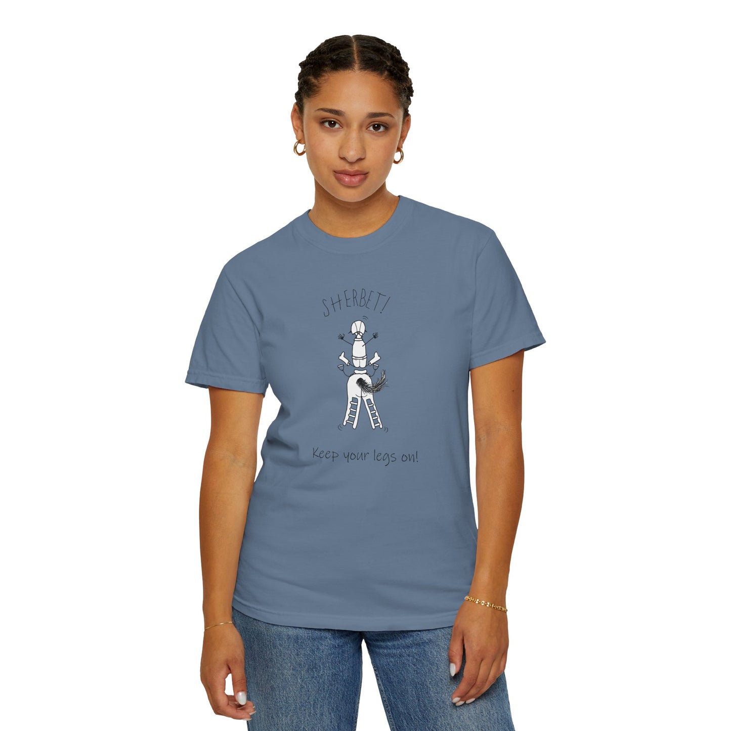 Equestrian KEEP YOUR LEGS ON! T-shirt - Jumping Caricature Design by artist Marie Frederique