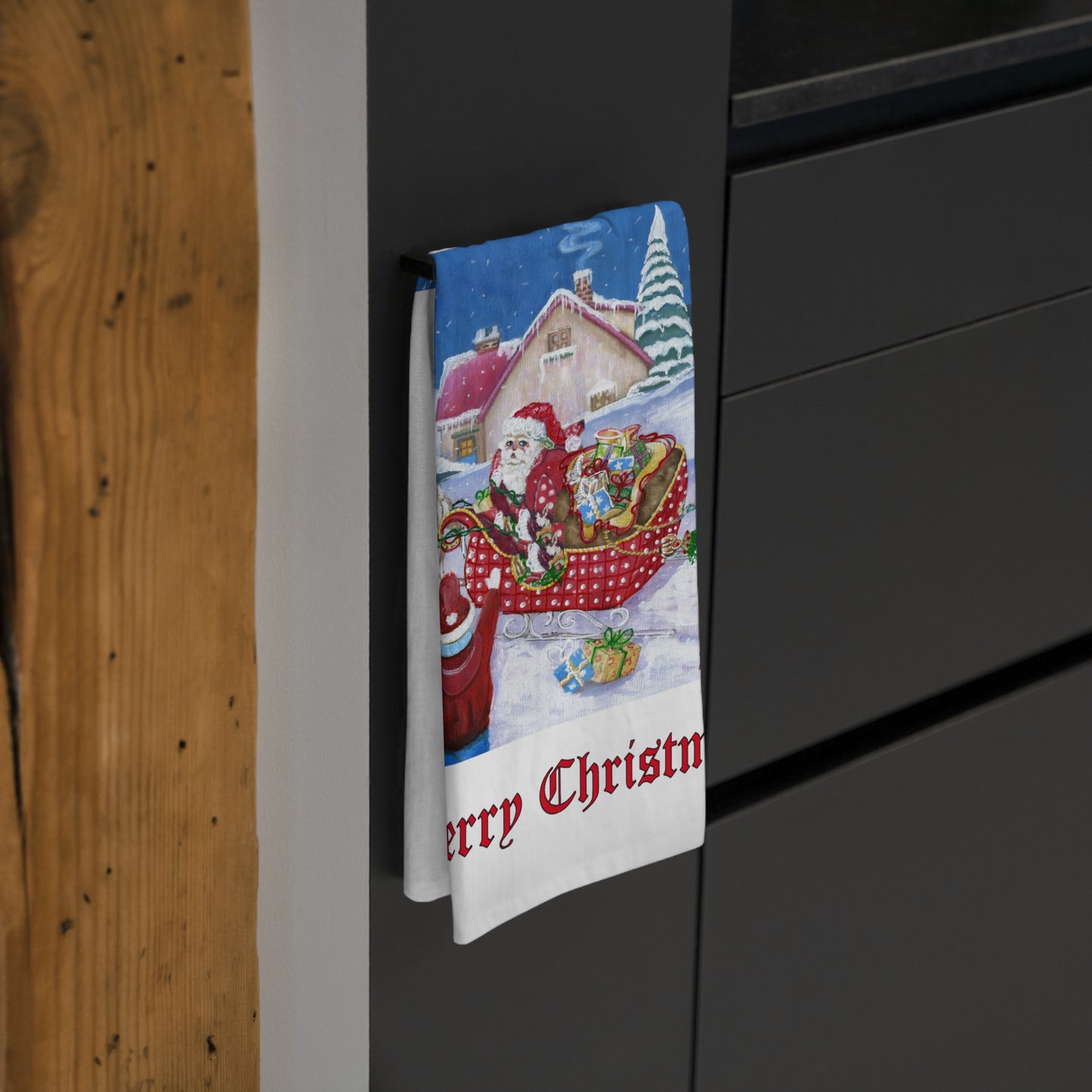 Christmas Santa Sleigh Cotton Tea Towel - Christmas Decor by artist Marie Frederique