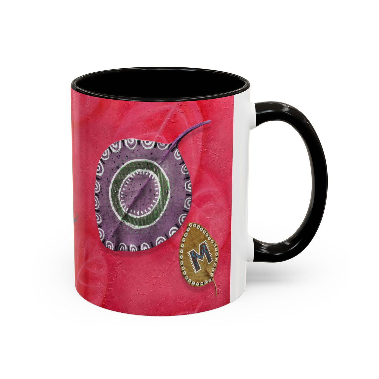AUM/OM painted leaves spelling AUM & OM Mugs by Artist Marie Frederique