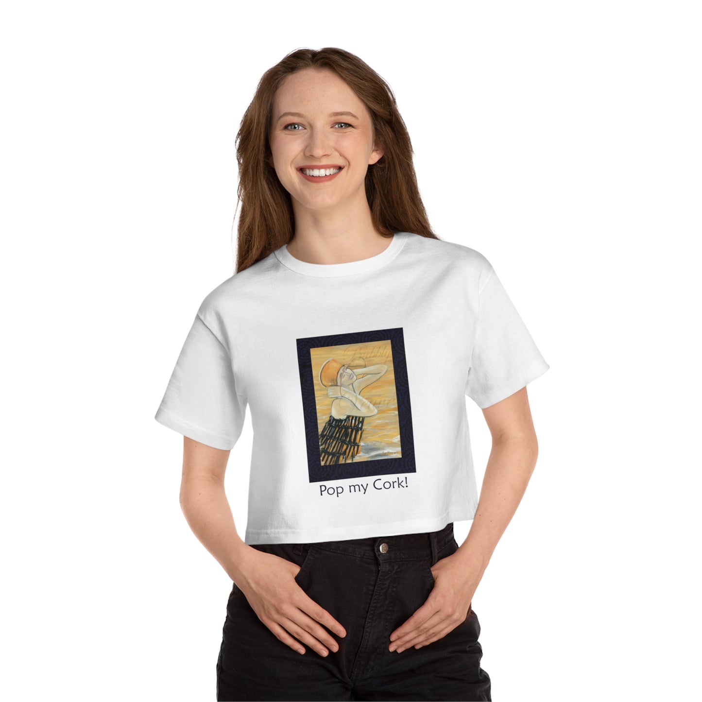 Celebration, "Pop my Cork!" Champion Women's Heritage Cropped T-Shirt by artist Marie Frederique