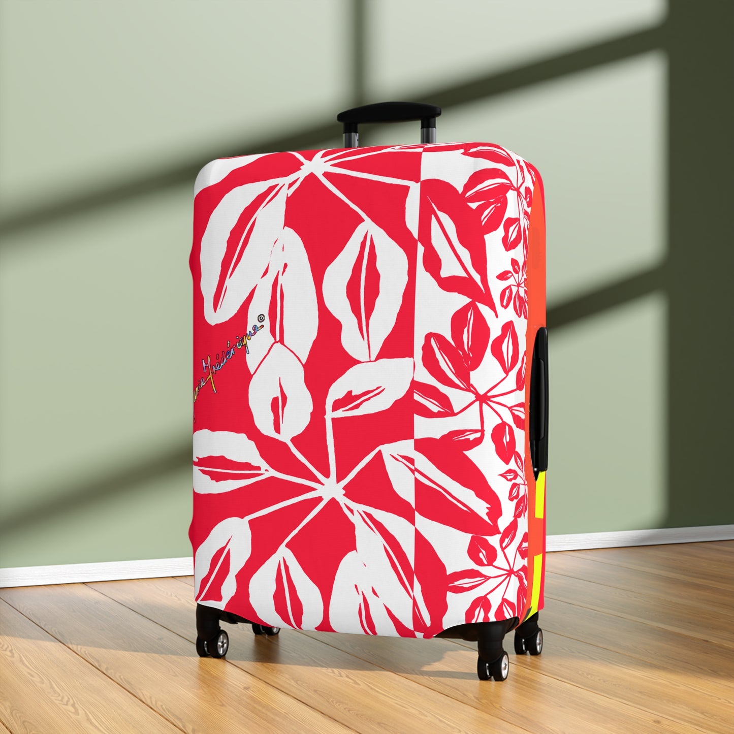 Luggage Cover, Tropical leaves in Red and White by artist Marie Frederique