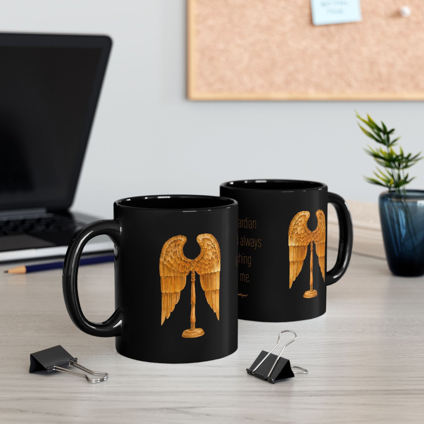 Guardian Angel - Gold wings on Black Mug by artist Marie Frederique