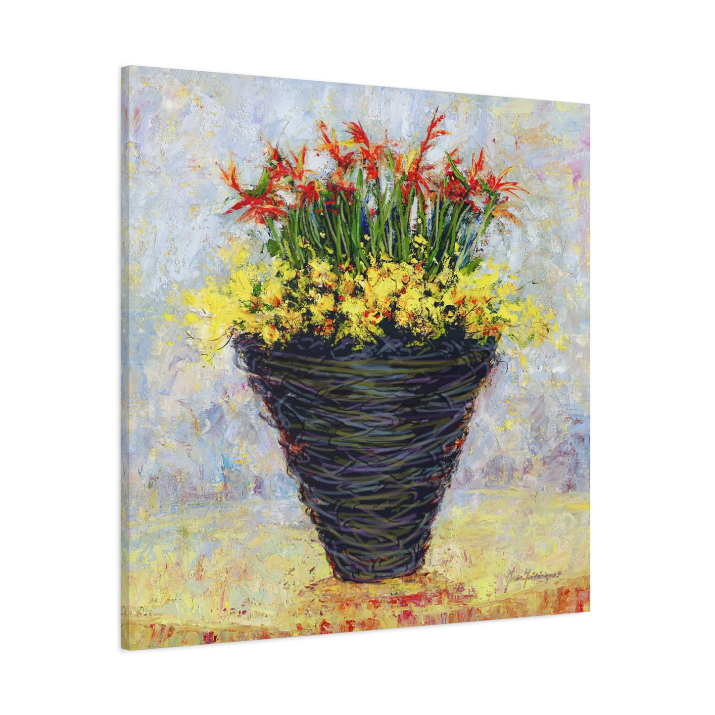 Floral Arrangement, Painterly style with Red and Yellow - Oil Painting Print by artist Marie Frederique