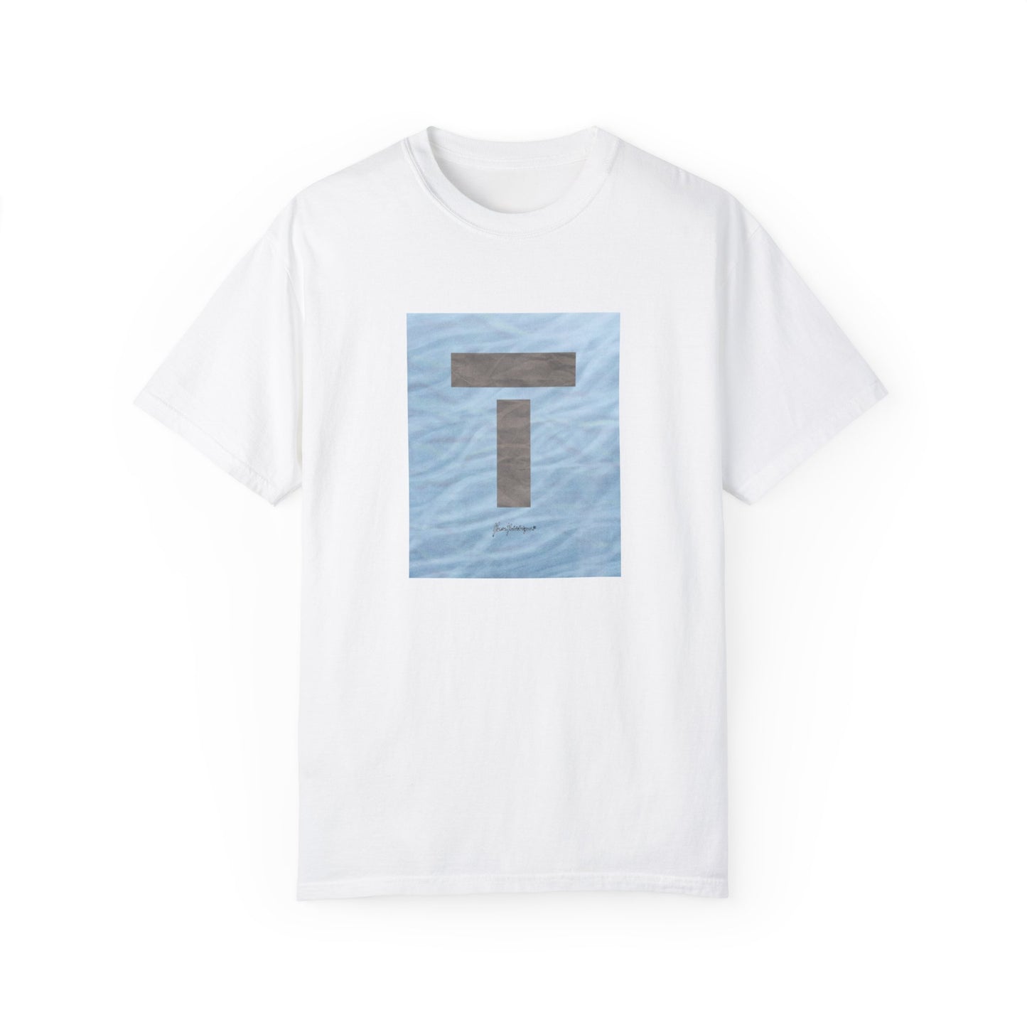 T symbol, Star Energy in a soft grey with light blue water reflections, Unisex Garment-Dyed T-shirt by artist Marie Frederique