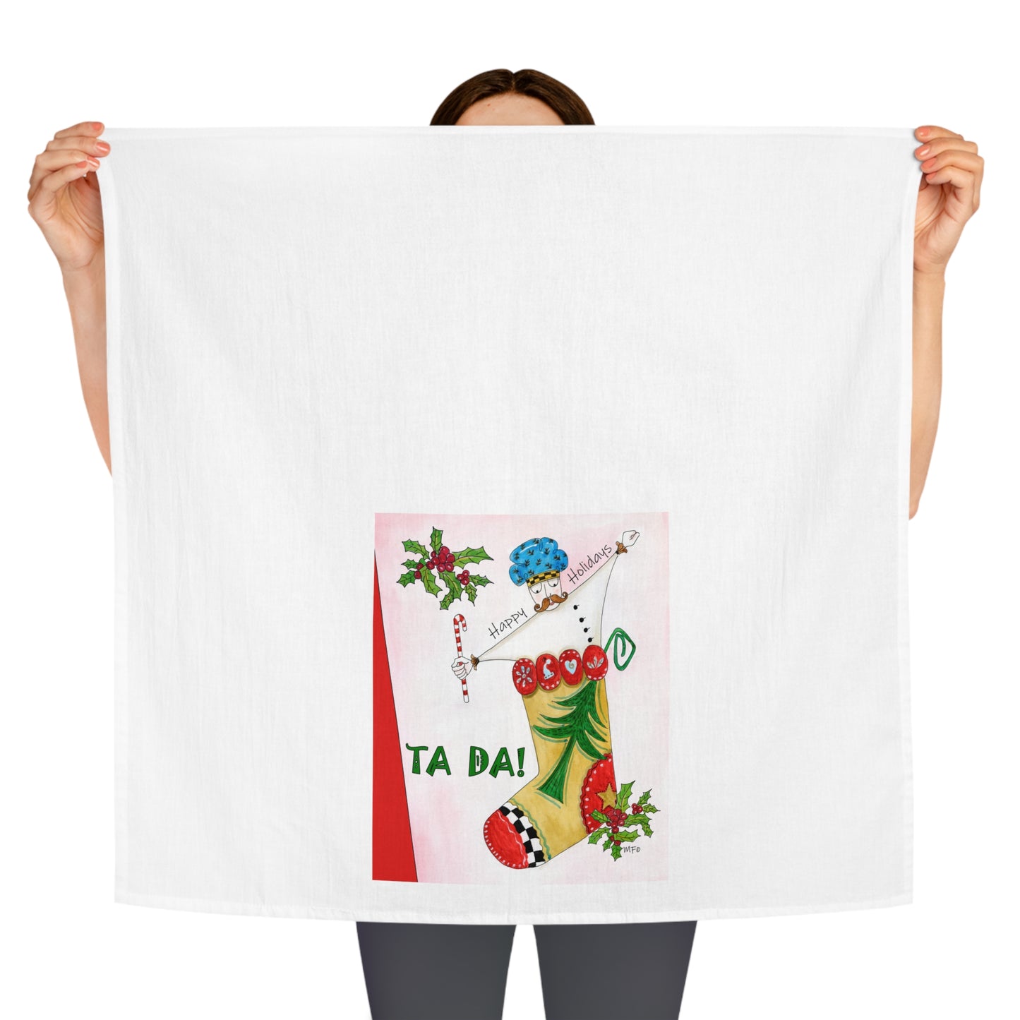 Christmas Tea Towel, TA DA! Whimsical chef jumping out of stocking - by artist Marie Frederique