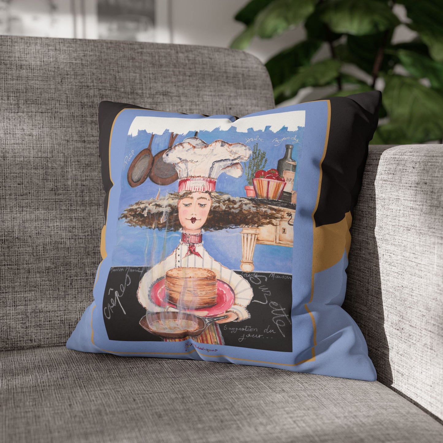 Chef, Crepes Suzette Faux Suede Pillowcase — Whimsical Chefetteville Kitchen Decor by artist Marie Frederique