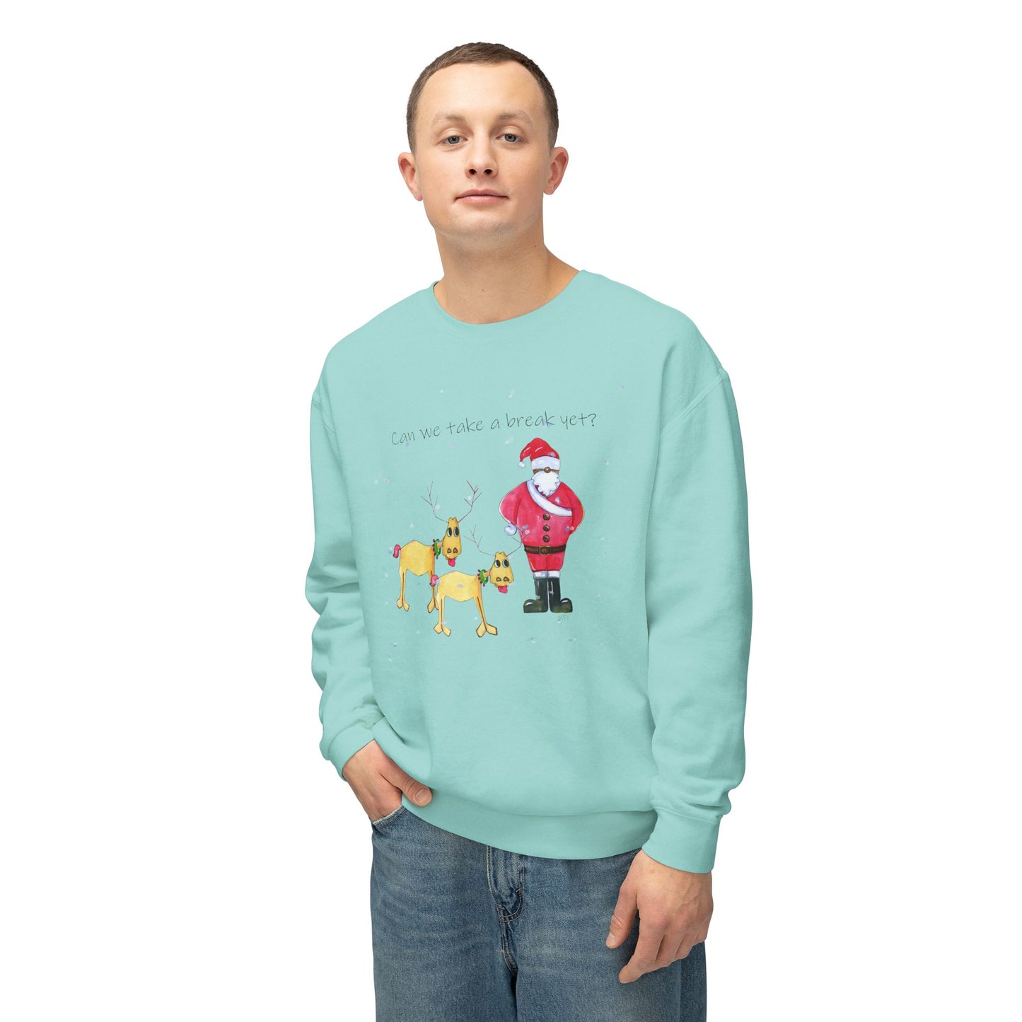 Christmas Santa & Reindeer Sweatshirt - 'Can we take a break yet' by artist Marie Frederique