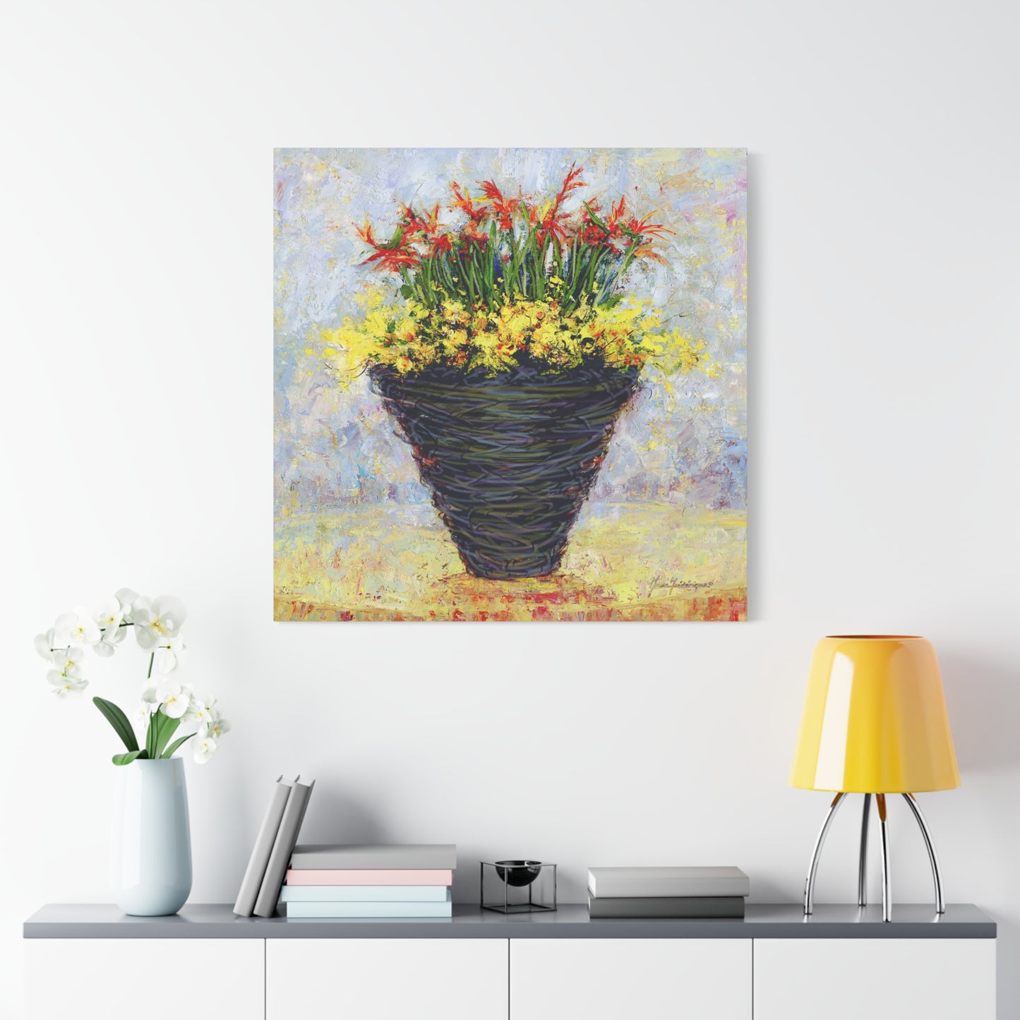 Floral Arrangement, Painterly style with Red and Yellow - Oil Painting Print by artist Marie Frederique