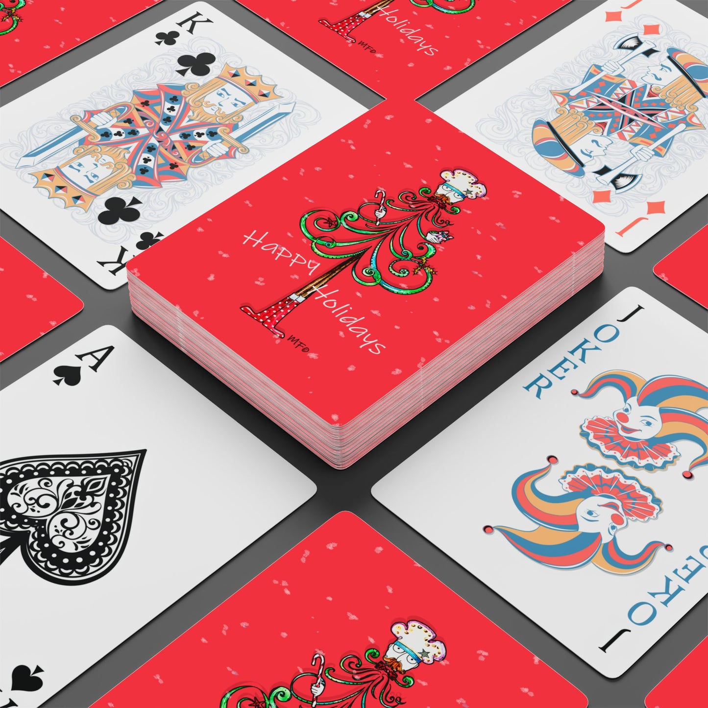 Christmas Happy Holiday-Themed Red Bridge/Poker Playing Cards Set - Festive Design with Ace of Spades by artist Marie Frederique