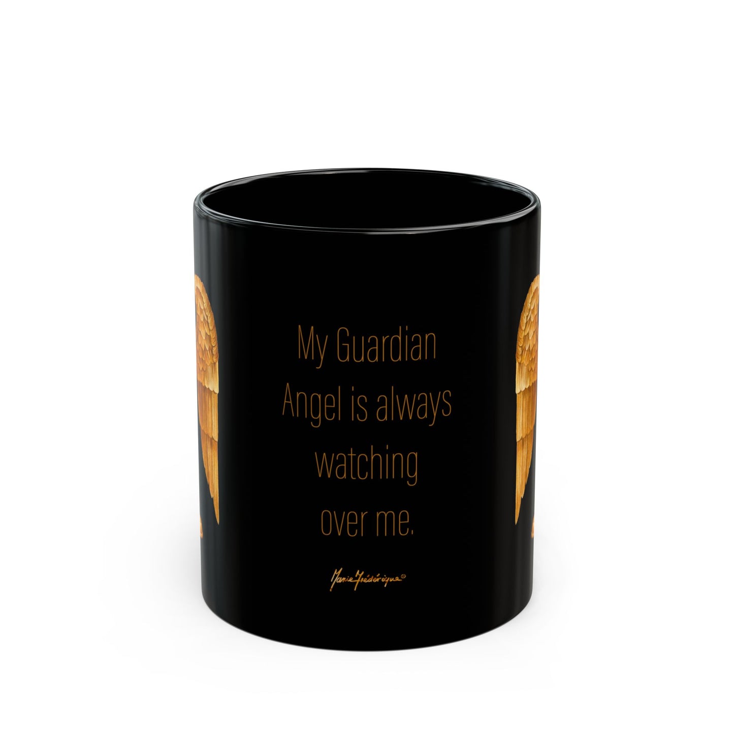 Guardian Angel - Gold wings on Black Mug by artist Marie Frederique