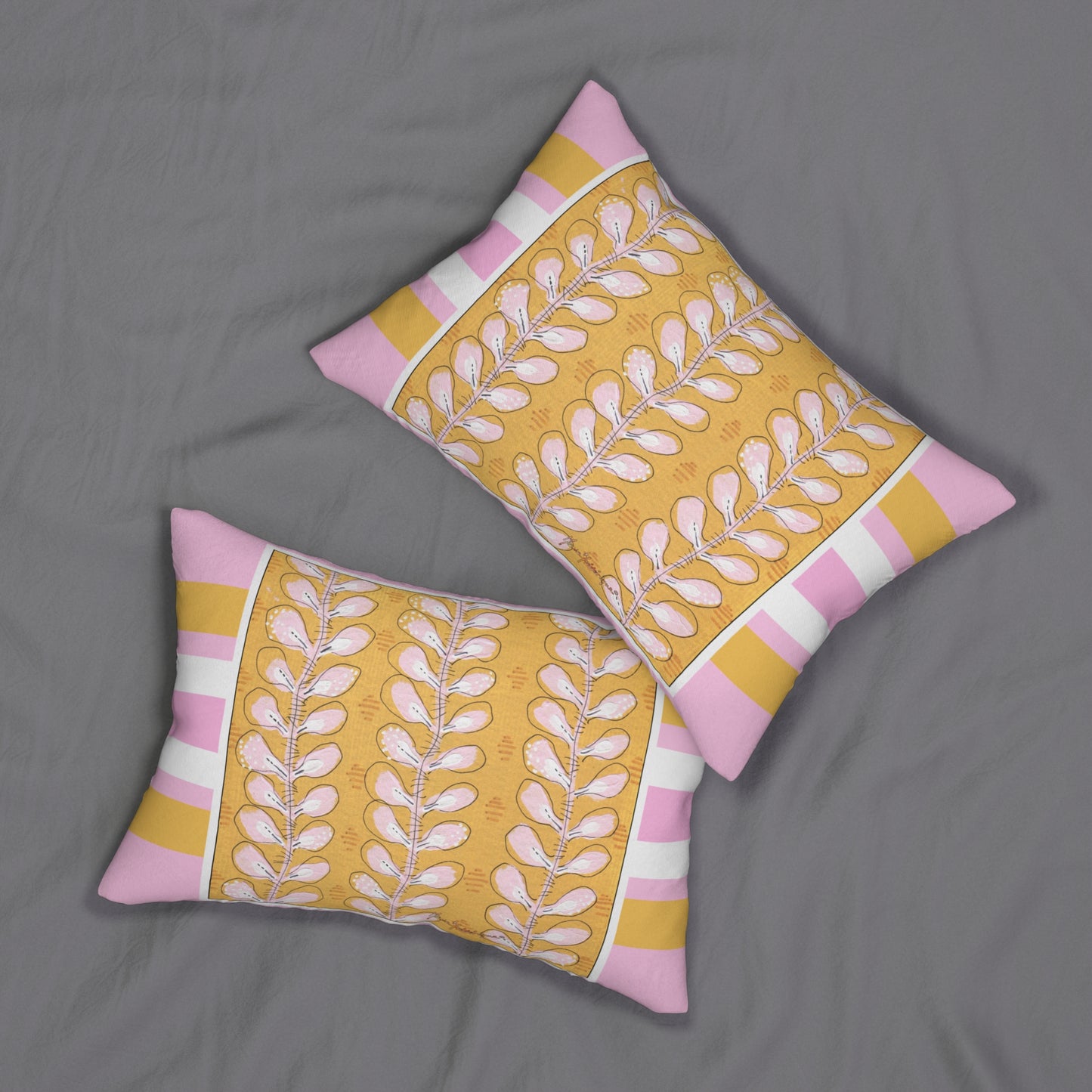 Decorative Gold and Pink Boho lumbar Pillow - Double-Sided Polyester Design by artist Marie Frederique