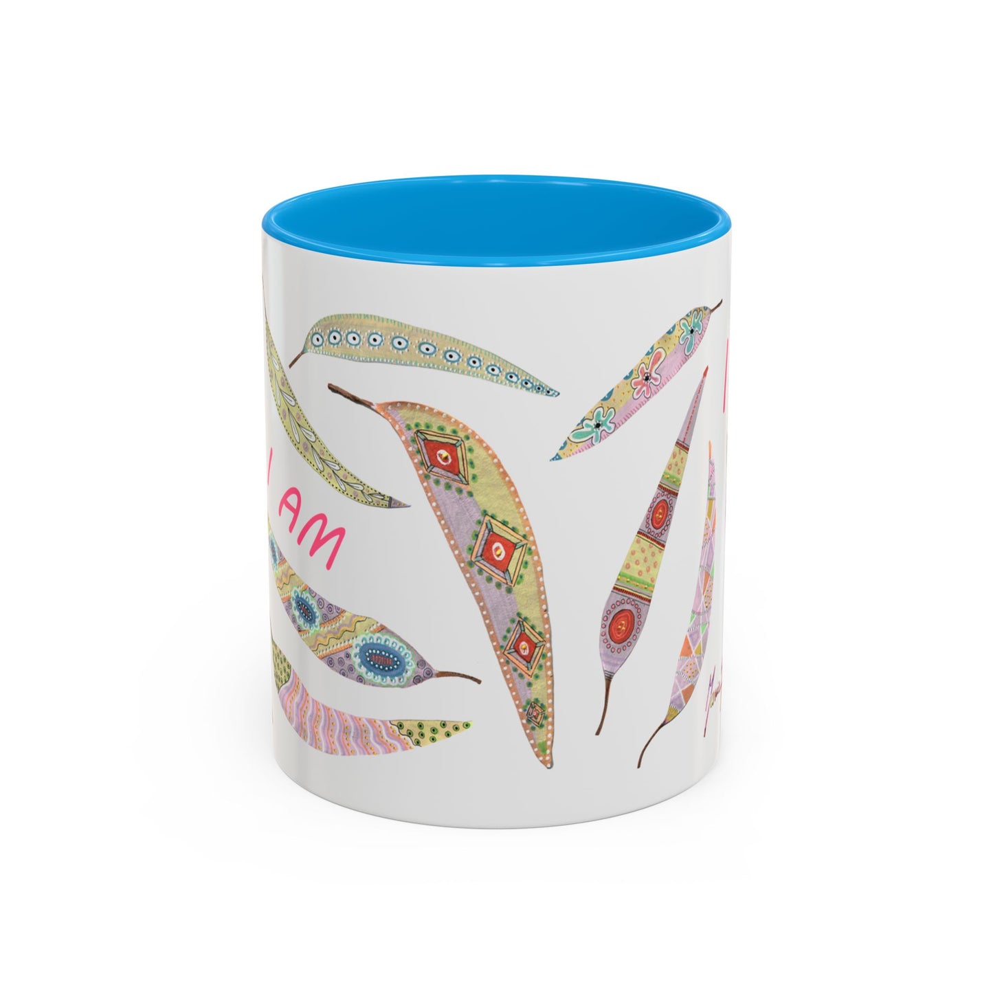 I AM - long pastel painted Eucalyptus leaves mug by Artist Marie Frederique