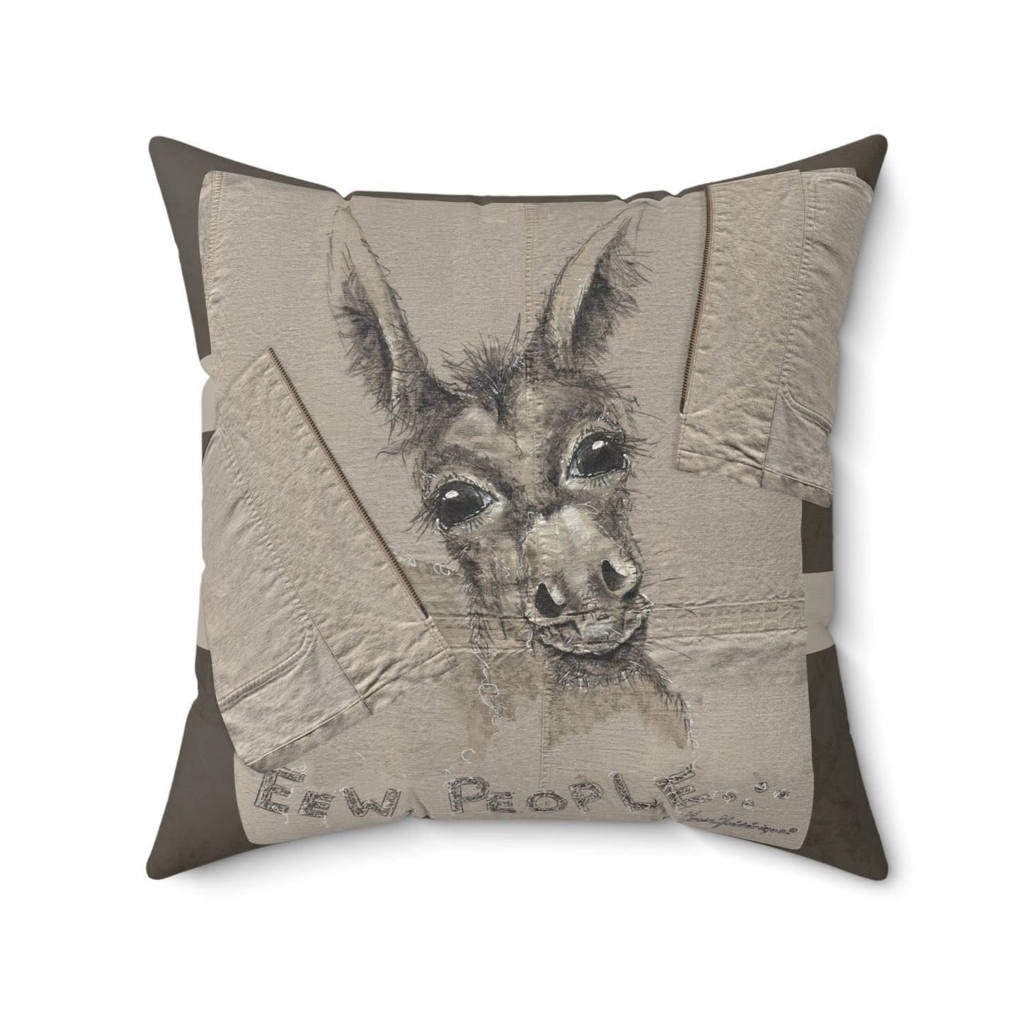 Donkey lovers - EWE, PEOPLE... Whimsical Animal Art Pillow by artist Marie Frederique