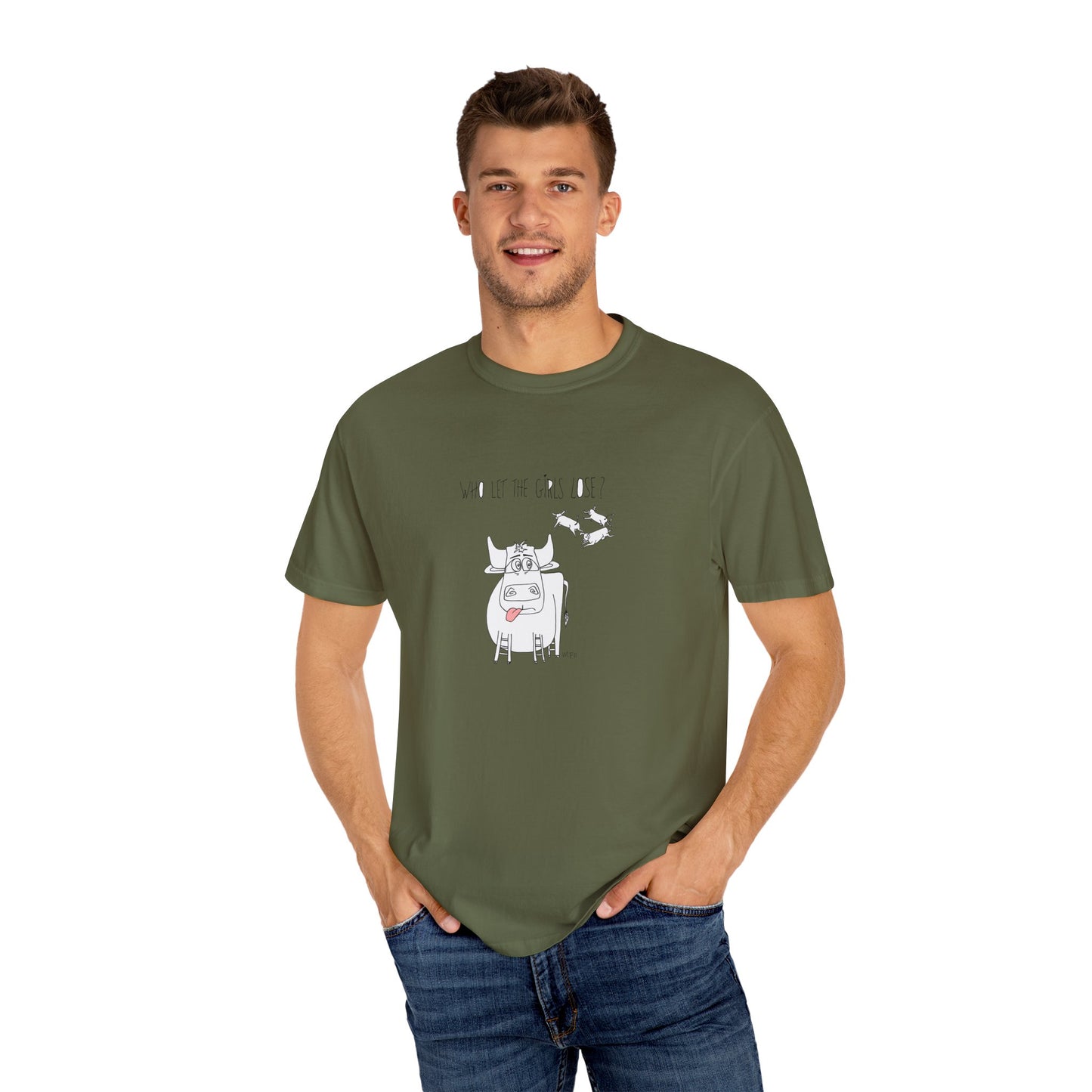 Whimsical Bull T-Shirt "Who let the girls out?" by artist Marie Frederique