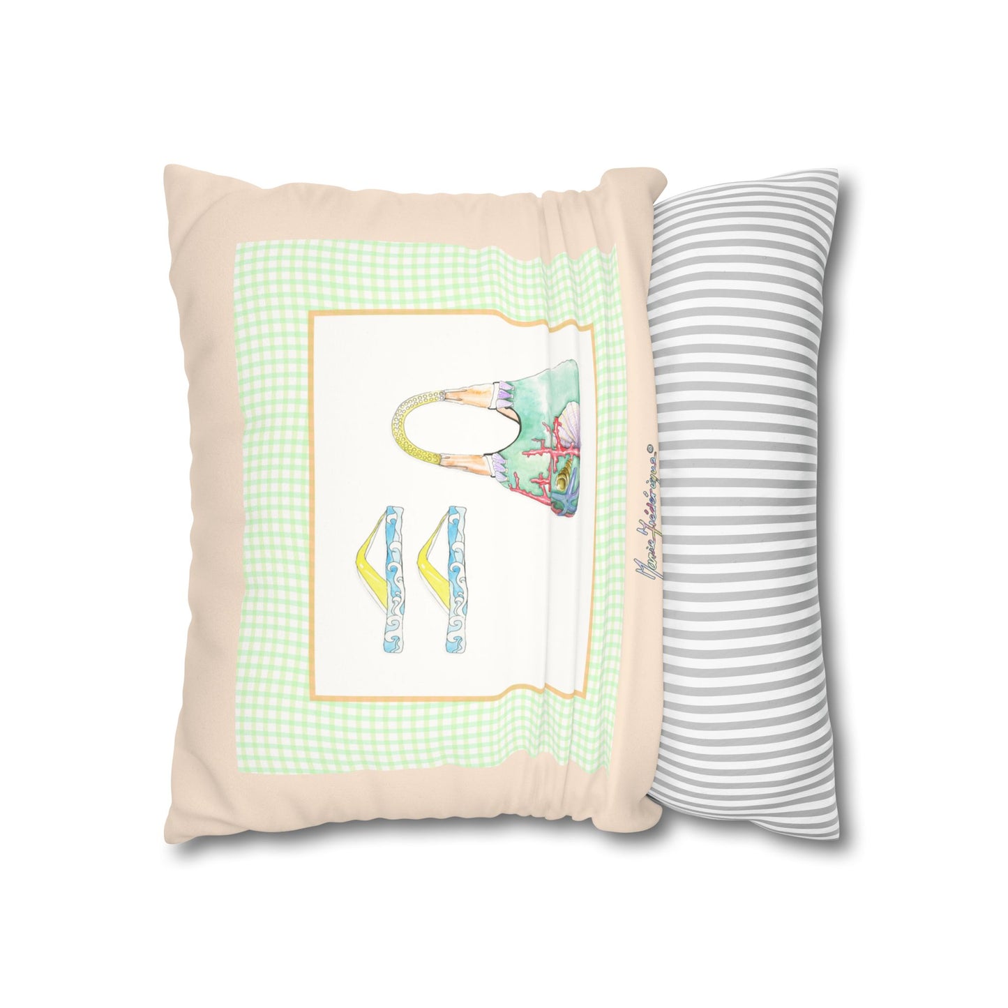 Coastal Vacation Tote and flip flop, Pattern Faux Suede Square Pillowcase by artist Marie Frederique