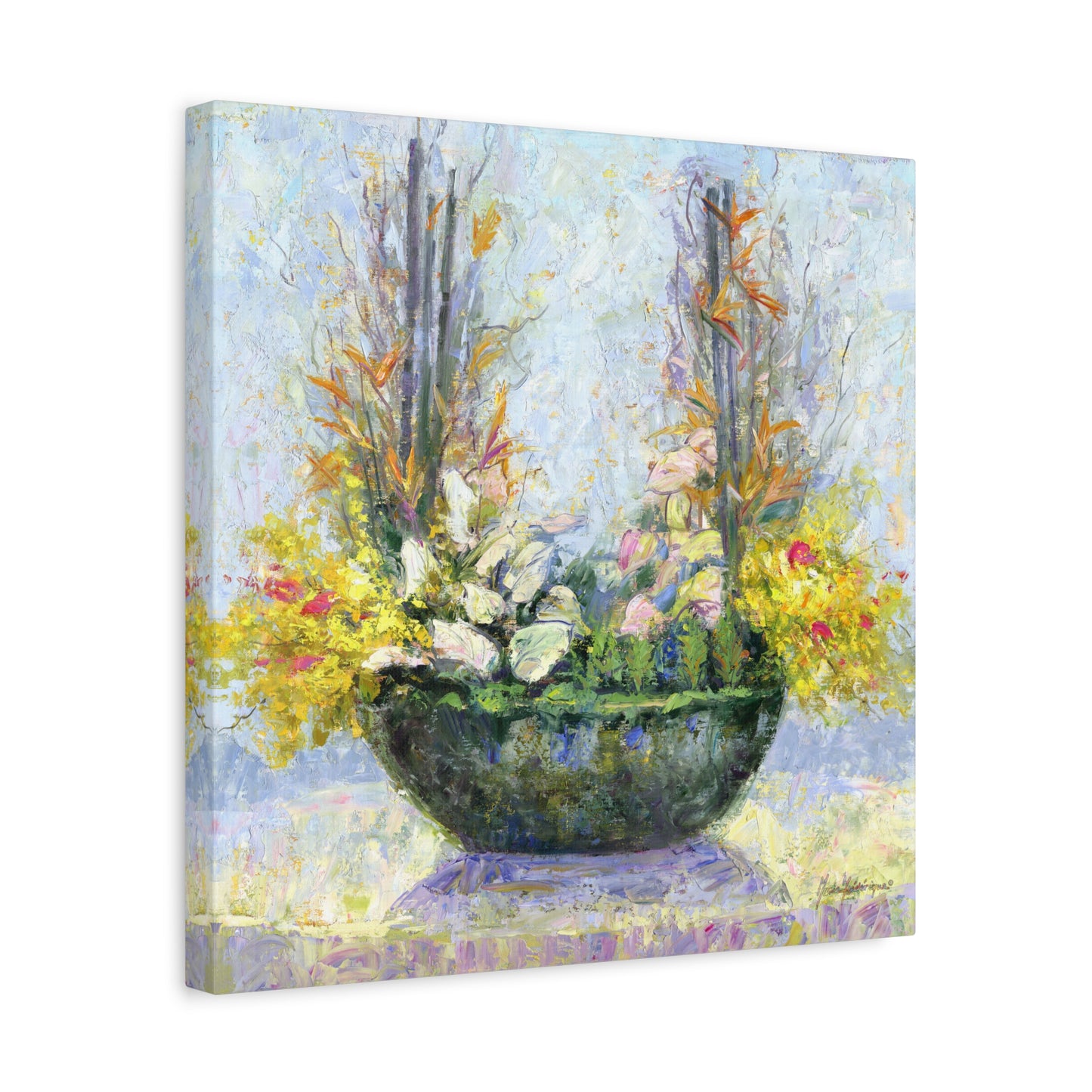 Floral Arrangement, Painterly style with Yellow and Blue - Oil Painting Print by artist Marie Frederique