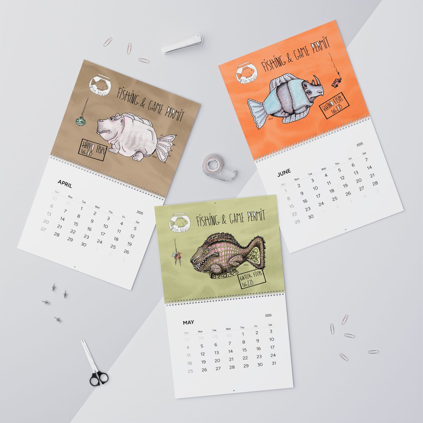 Fishing & Game permit Wall Calendar (2025) by artist Marie Frederique