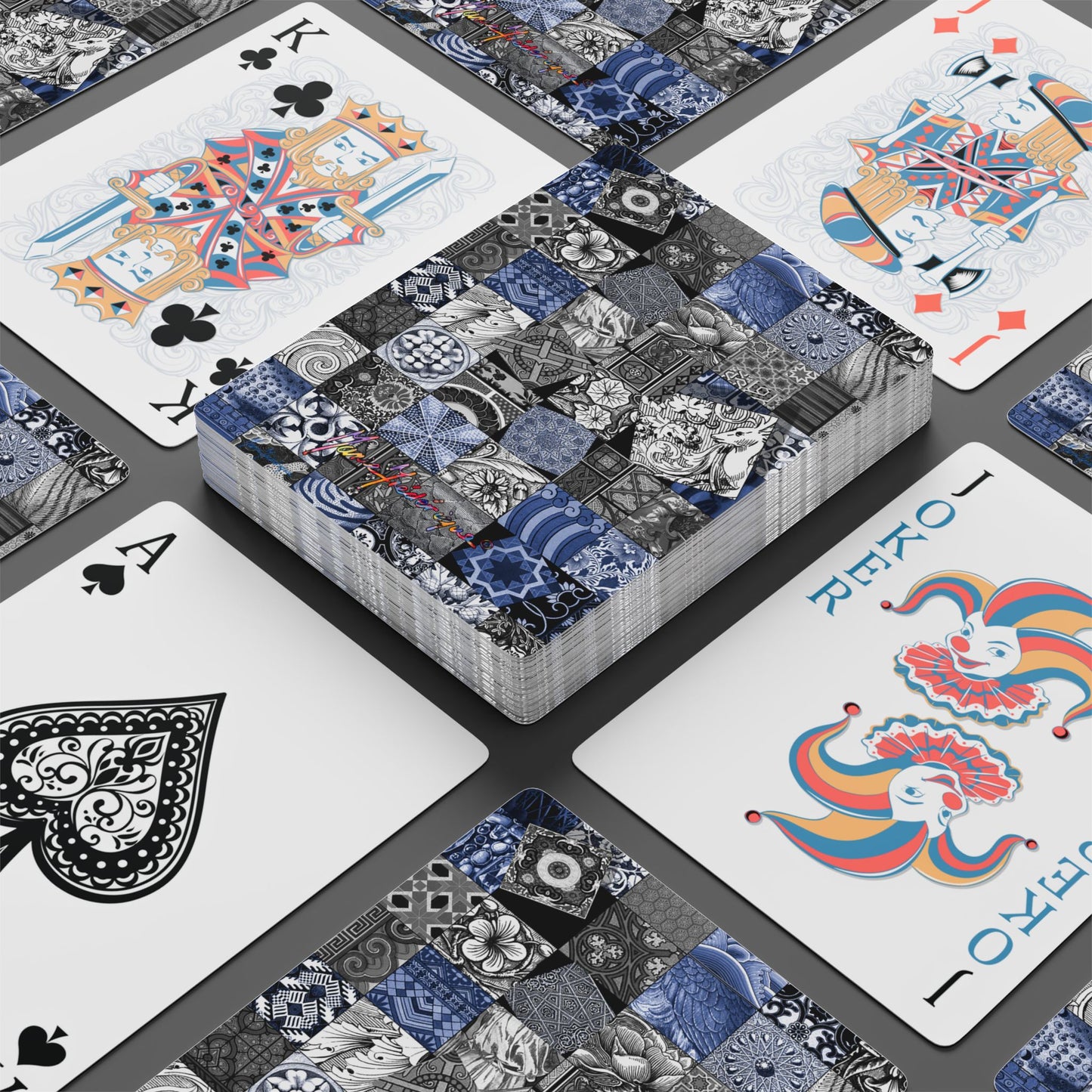 Mosaic Blue Squares, Stylish Poker Playing Cards Set - Decorative Black/white & Blue Design by artist Marie Frederique